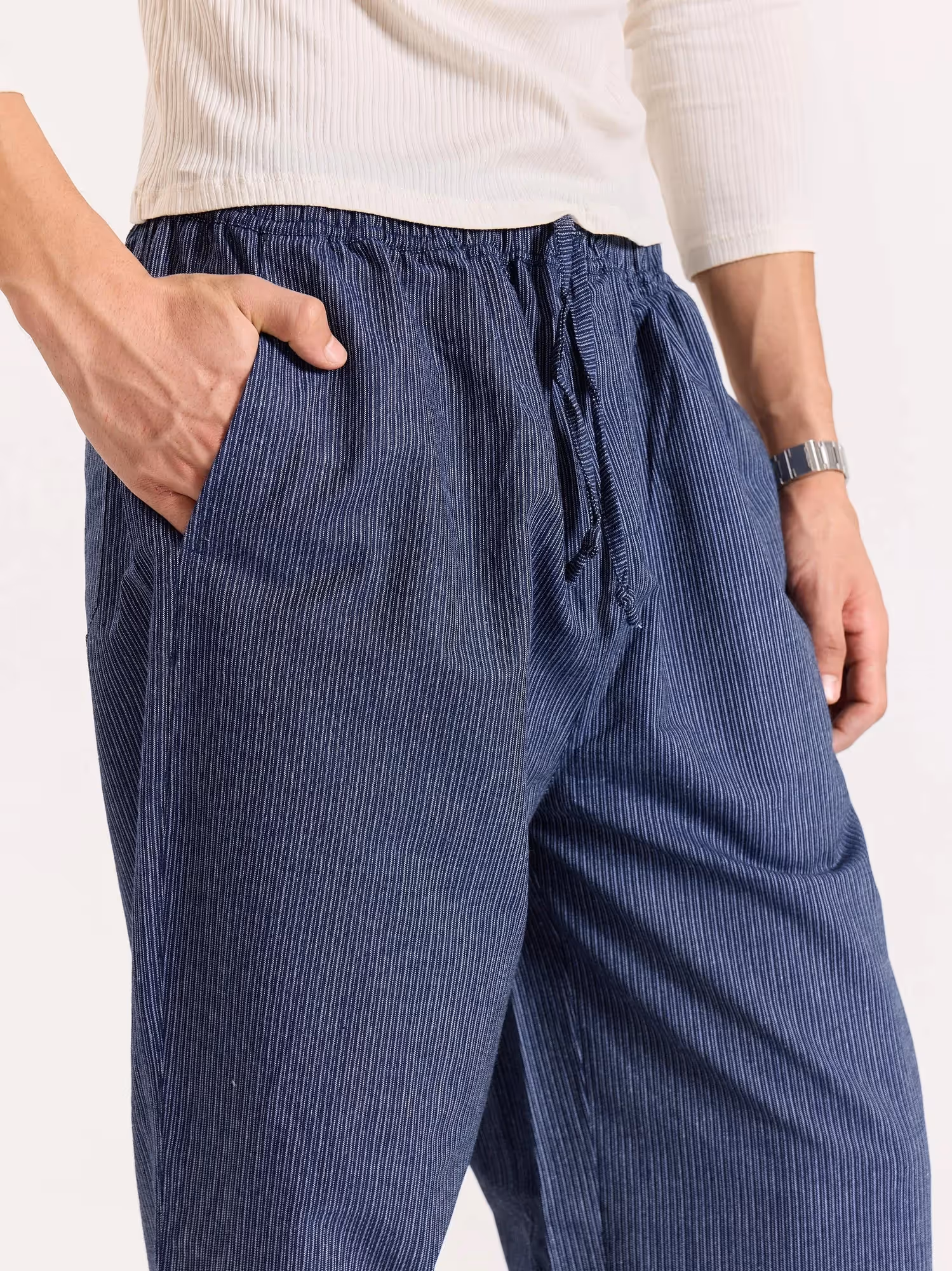 Navy Blue Striped Pull-on Pants  image 5