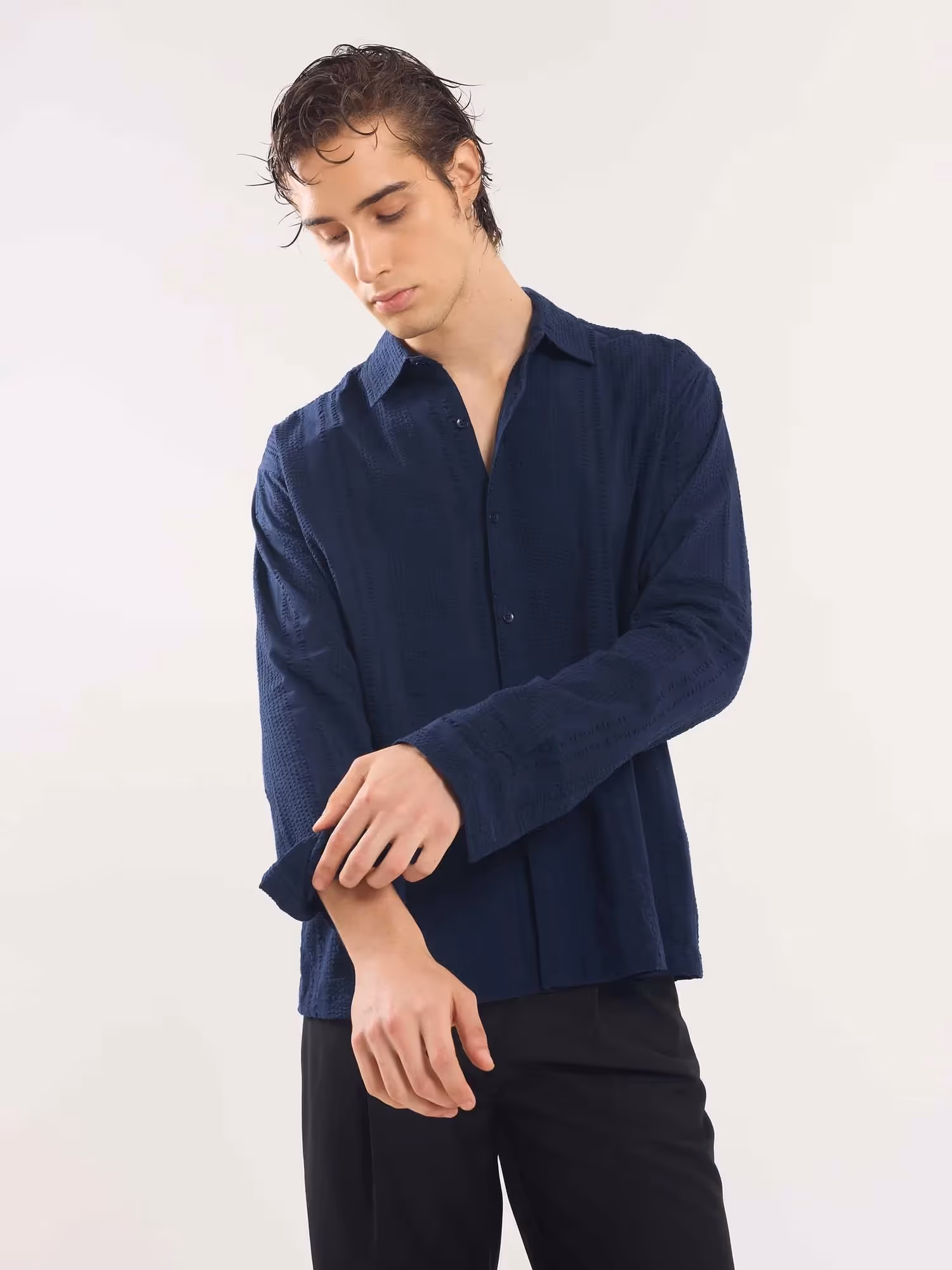 Navy Blue Textured Holiday Shirt image 4