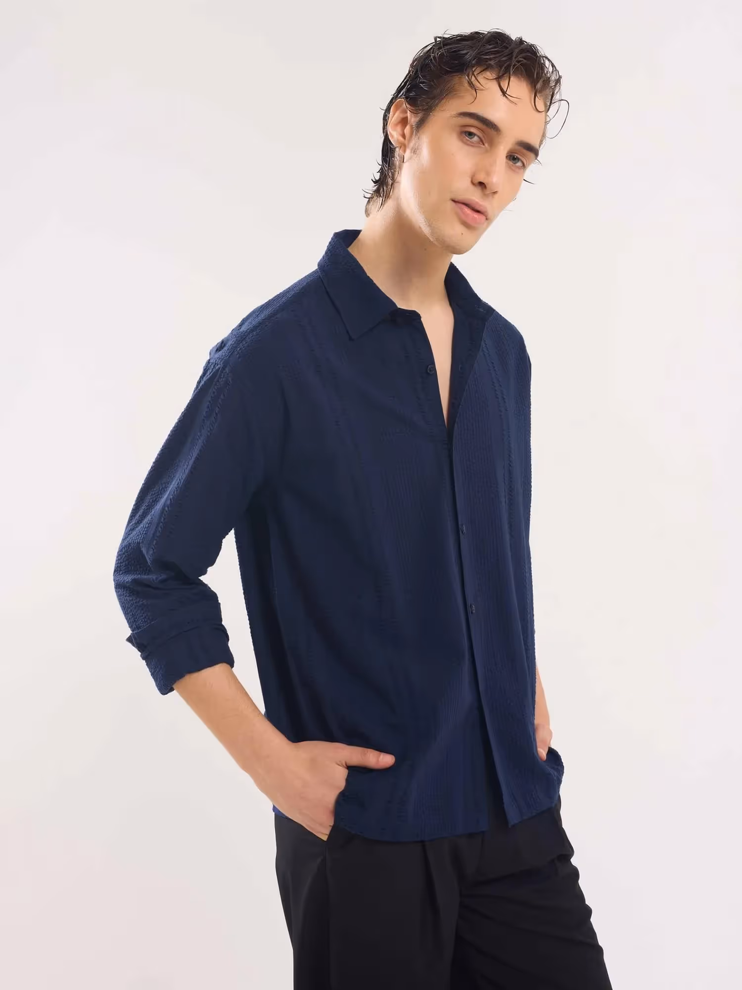 Navy Blue Textured Holiday Shirt image 5