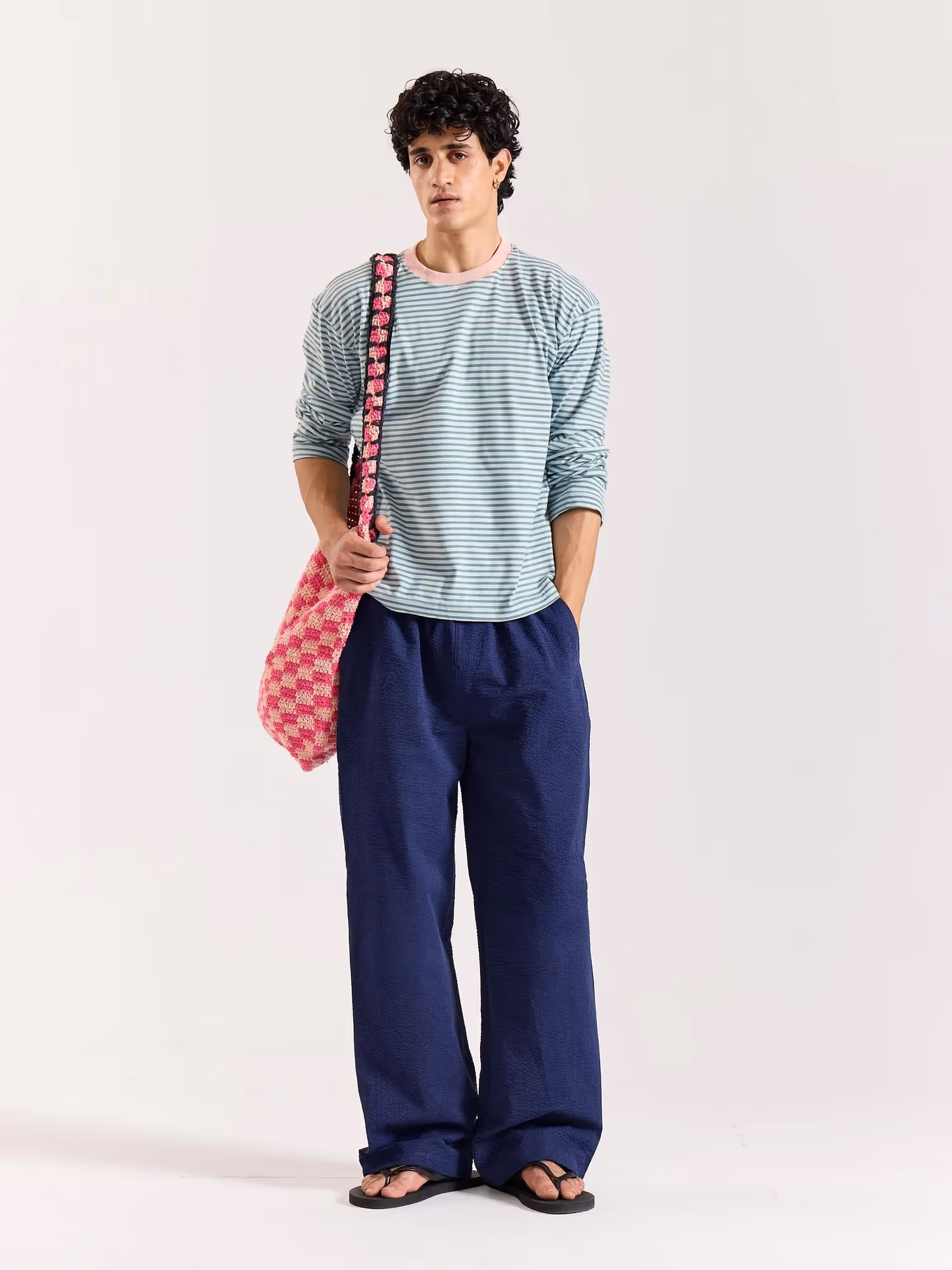 Navy Blue Textured Pull-on Pants image 1