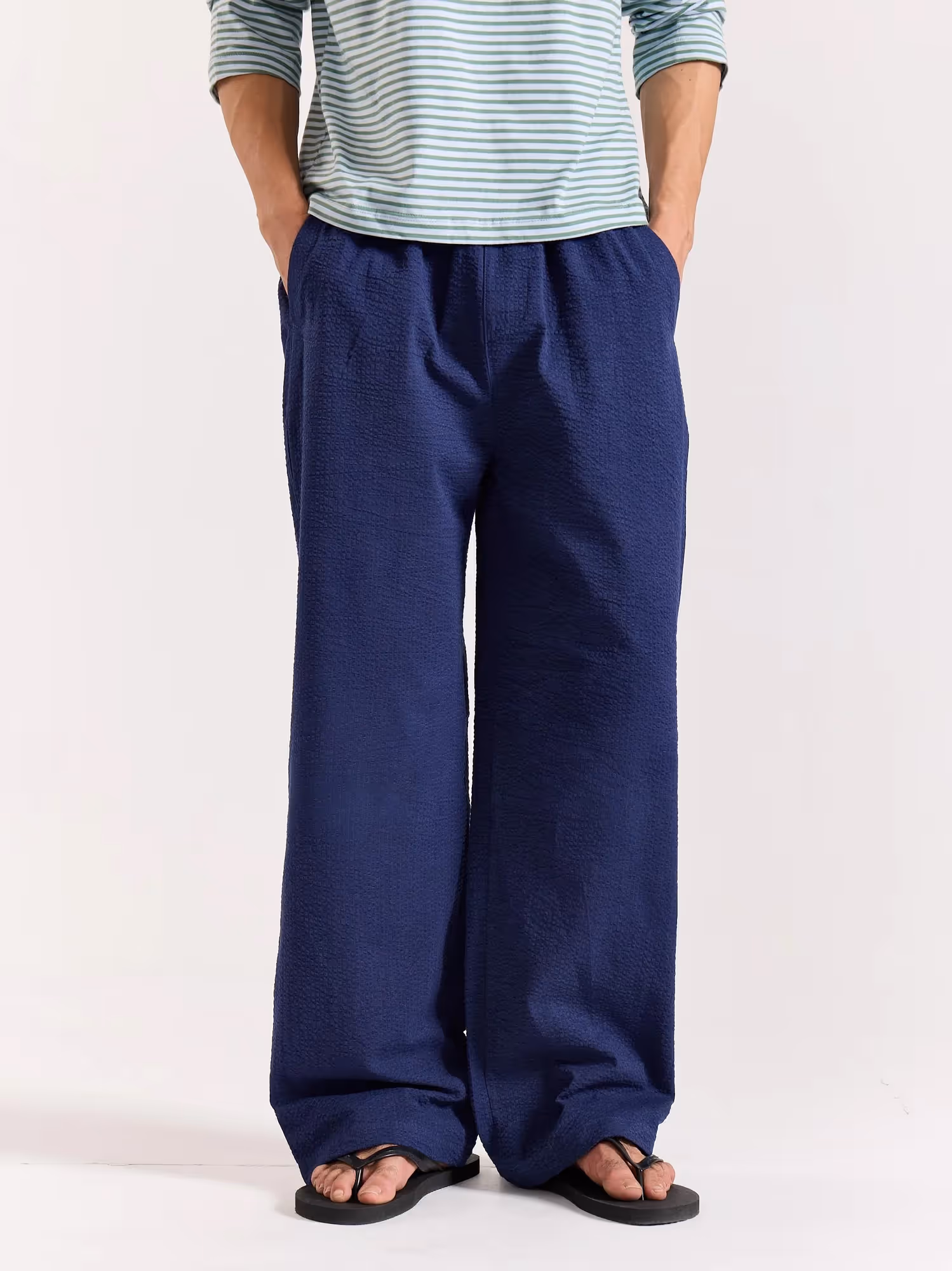 Navy Blue Textured Pull-on Pants  image 2