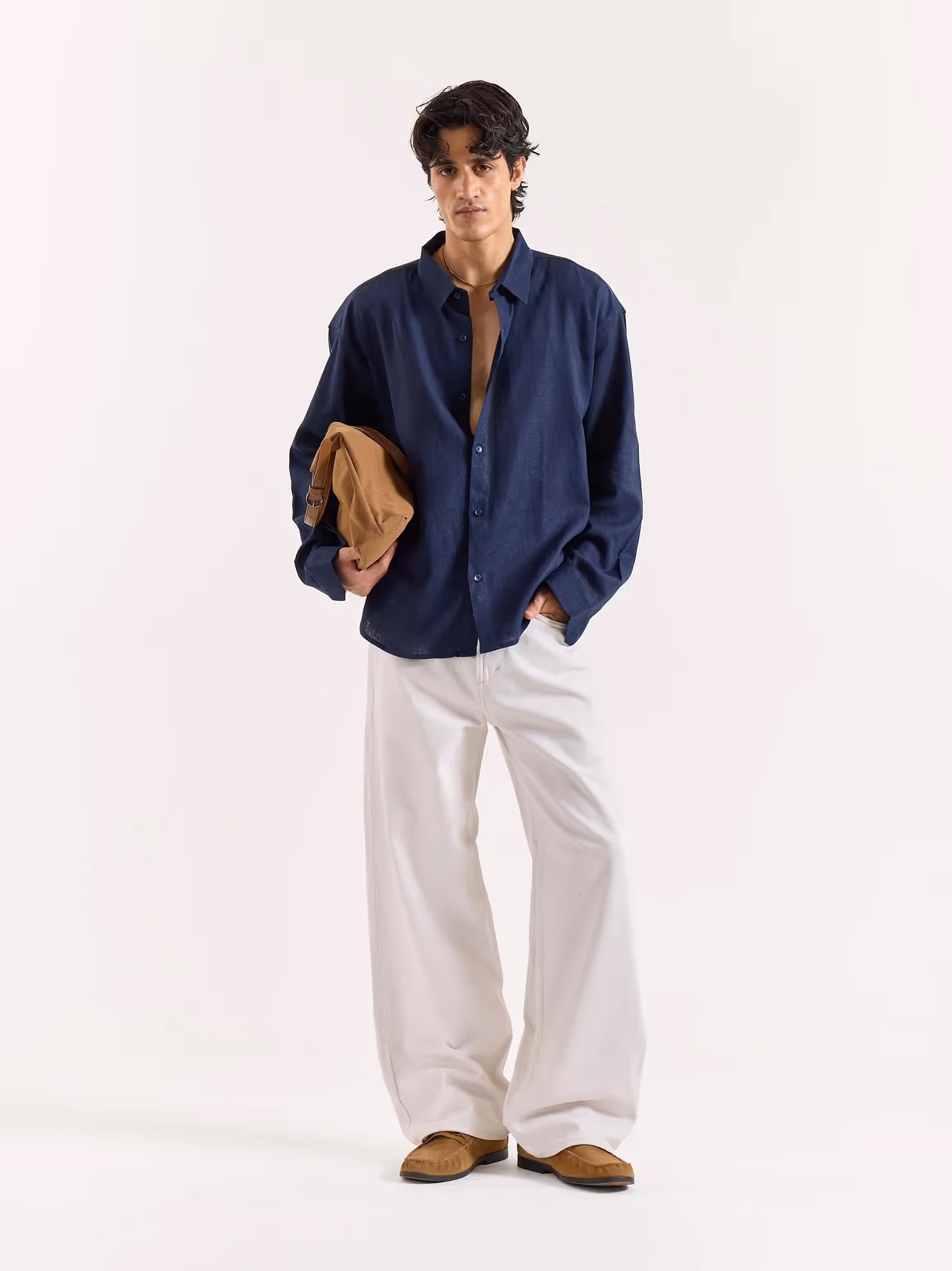 Navy Linen Cropped Shirt image 1