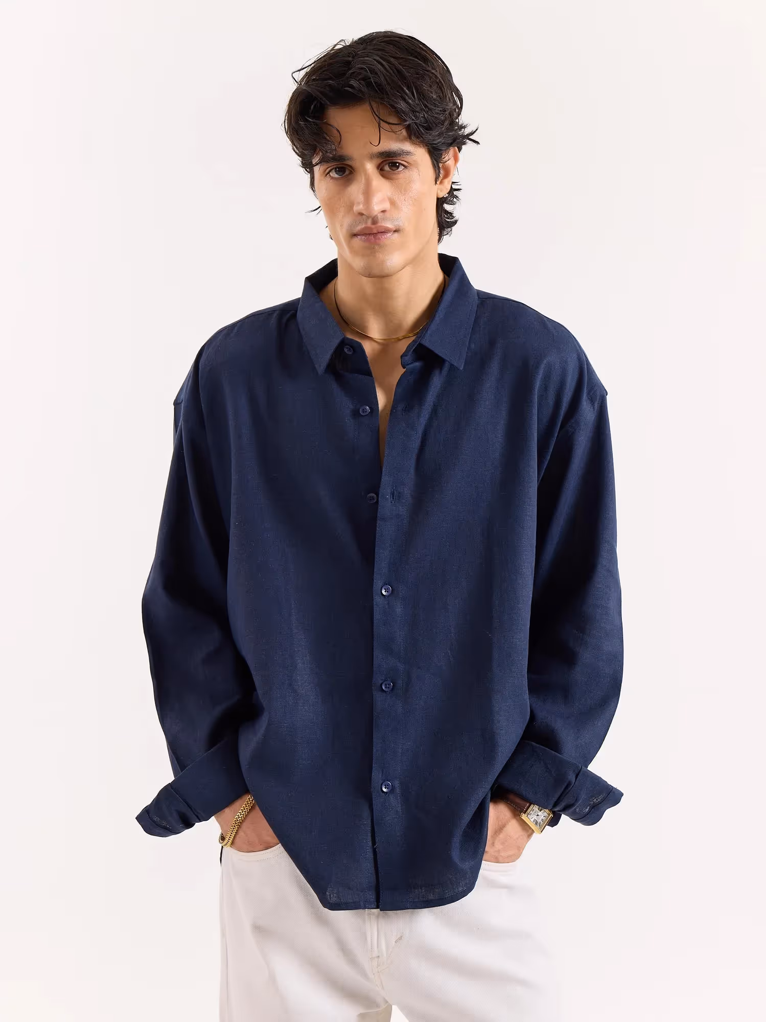 Navy Linen Cropped Shirt  image 2