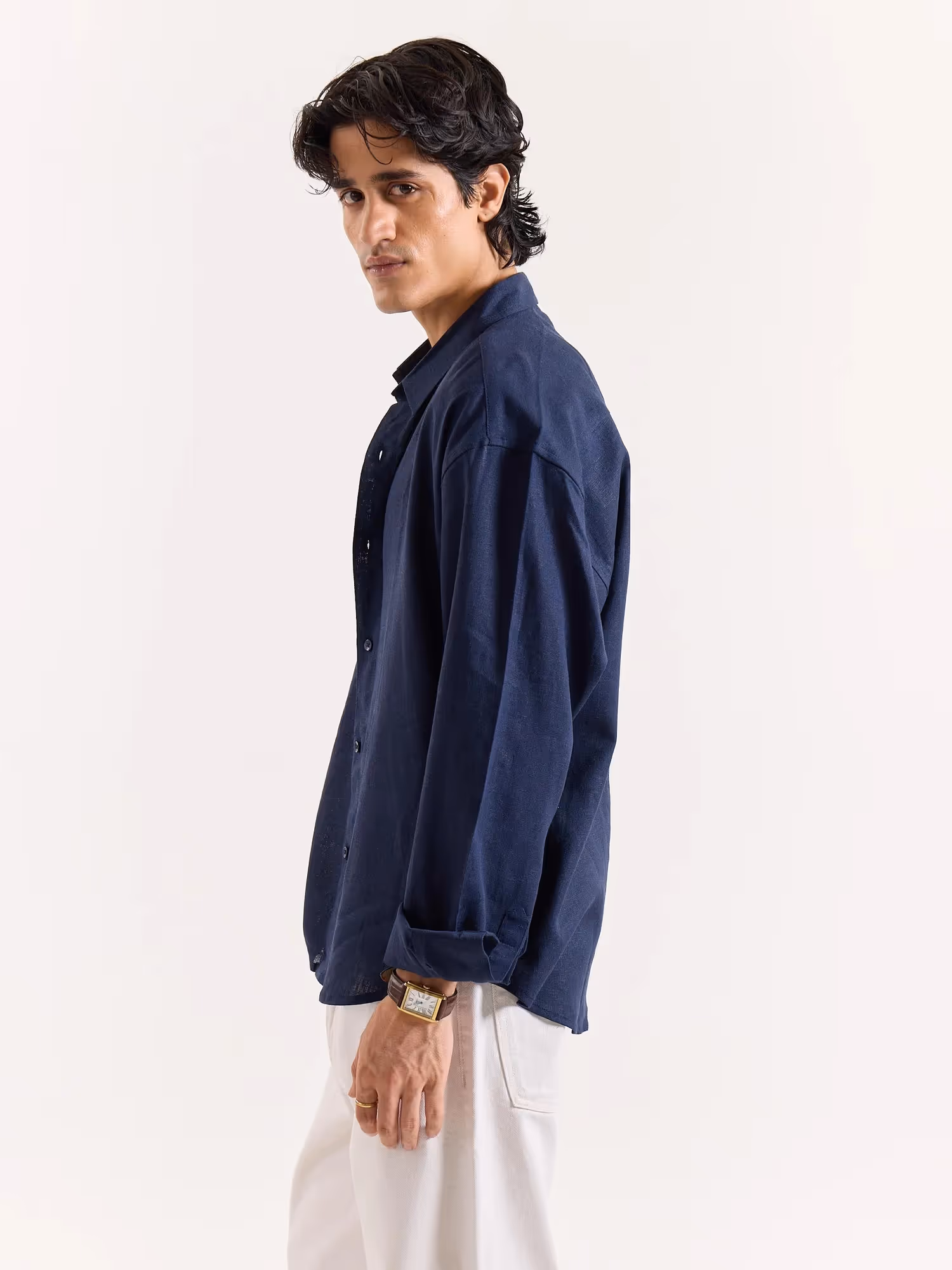 Navy Linen Cropped Shirt  image 3