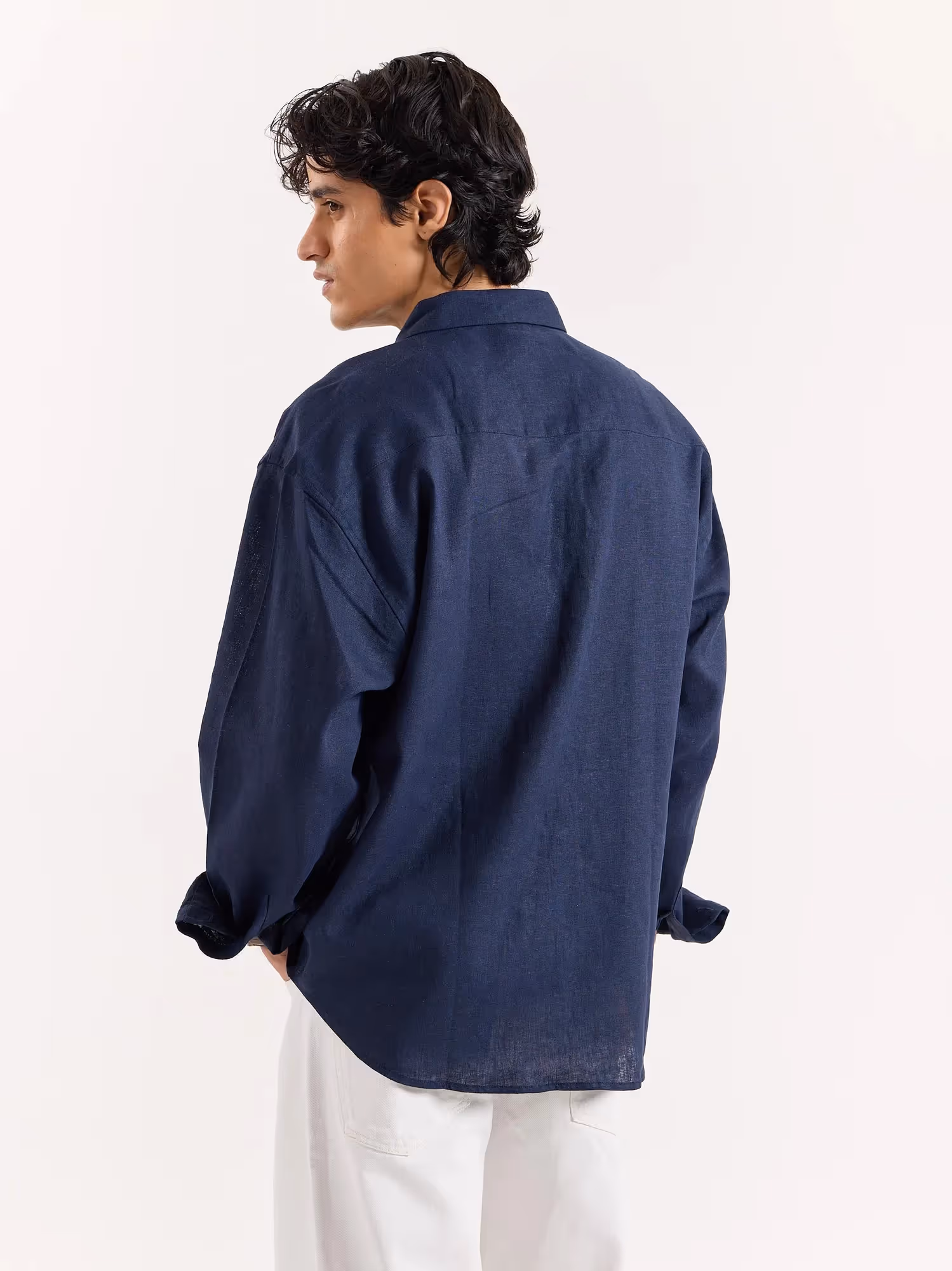 Navy Linen Cropped Shirt  image 4