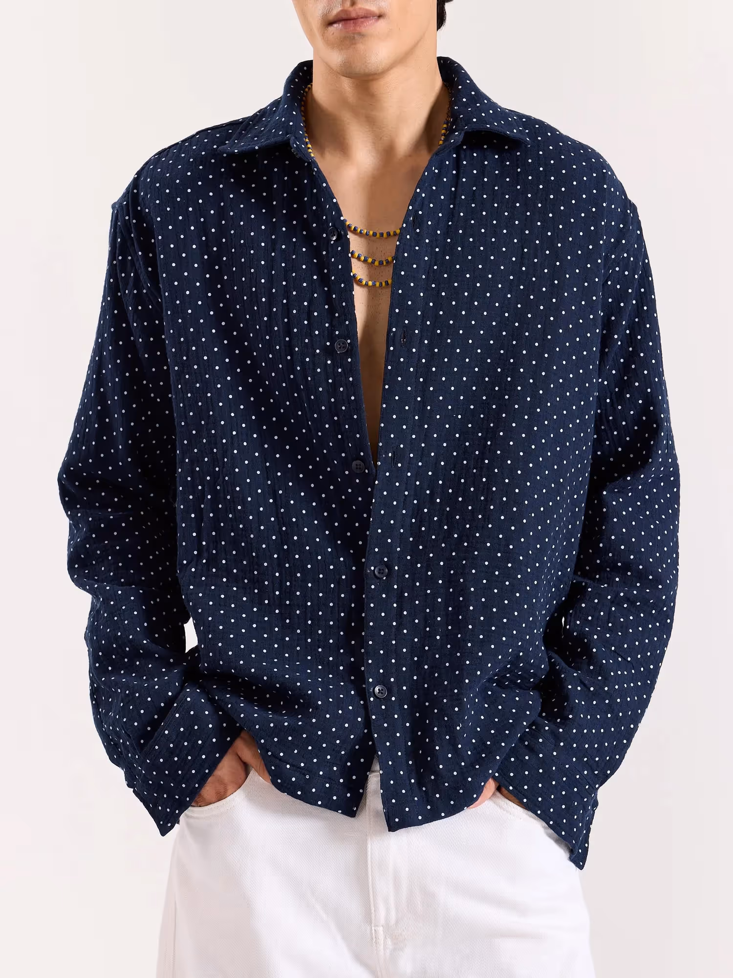 Navy Polka Dot Gauze Holiday Shirt image 2