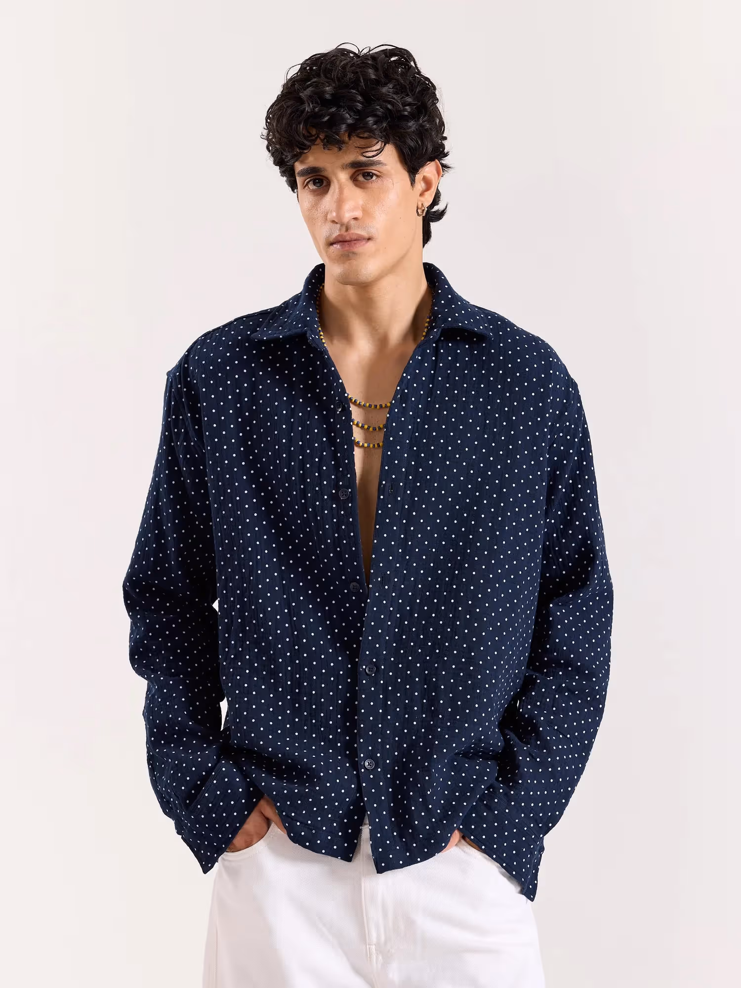 Navy Polka Dot Gauze Holiday Shirt image 3