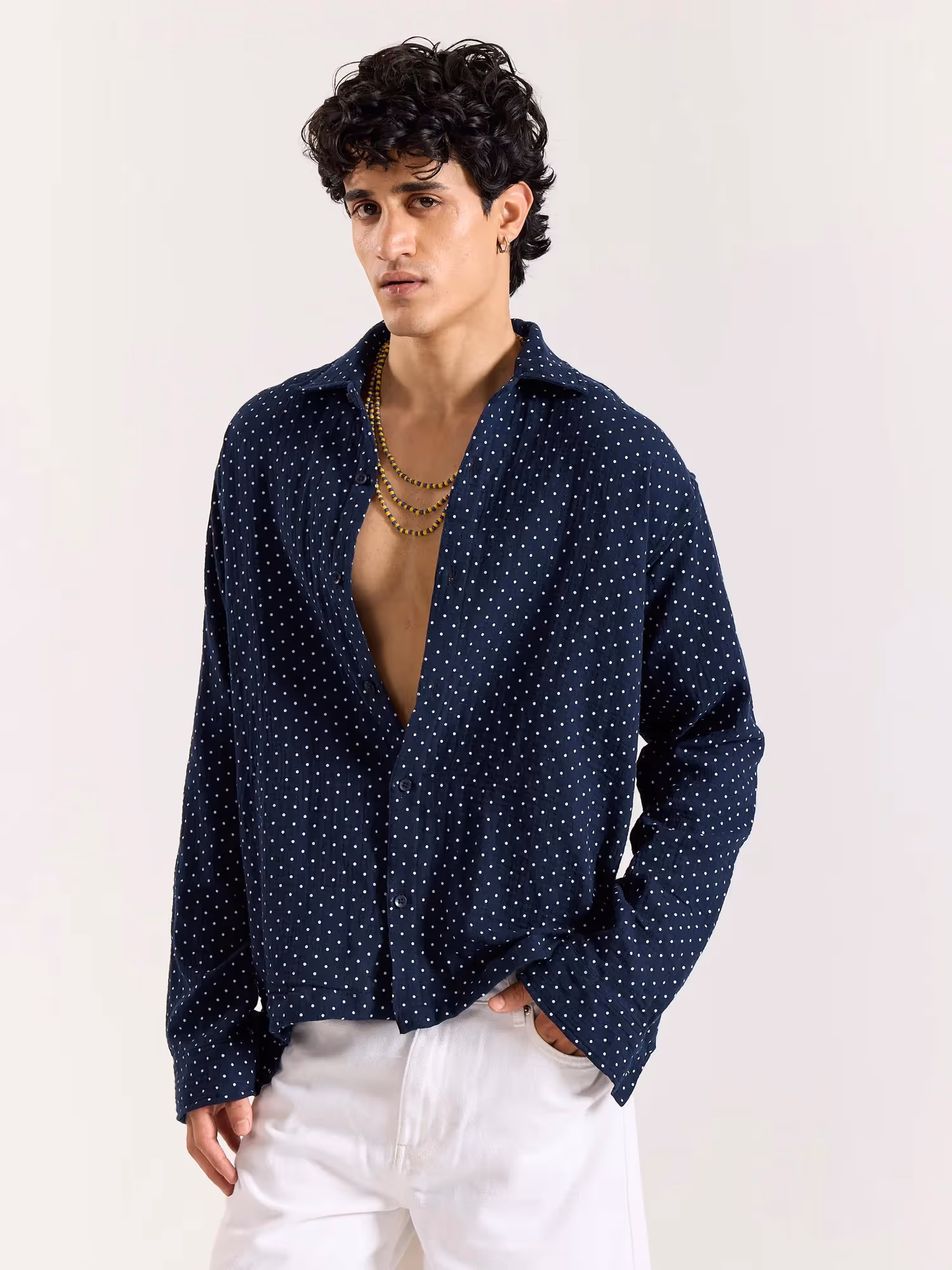 Navy Polka Dot Gauze Holiday Shirt image 4