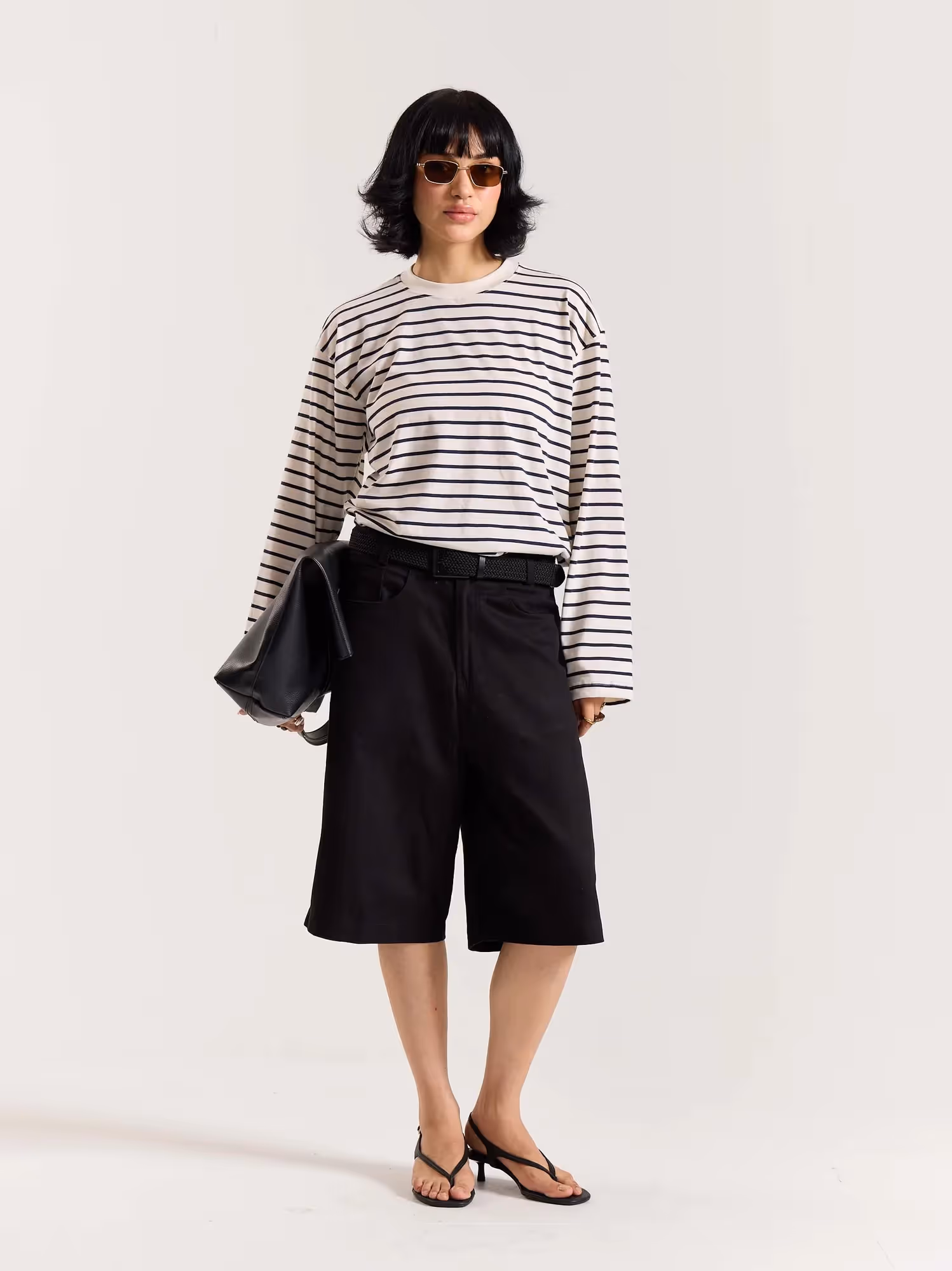 Navy Striped Loose Fit Cropped T-Shirt image 2