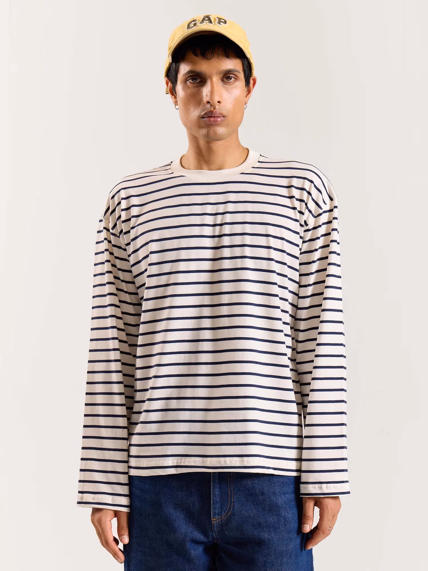 Navy Striped Loose Fit Cropped T-Shirt image 3