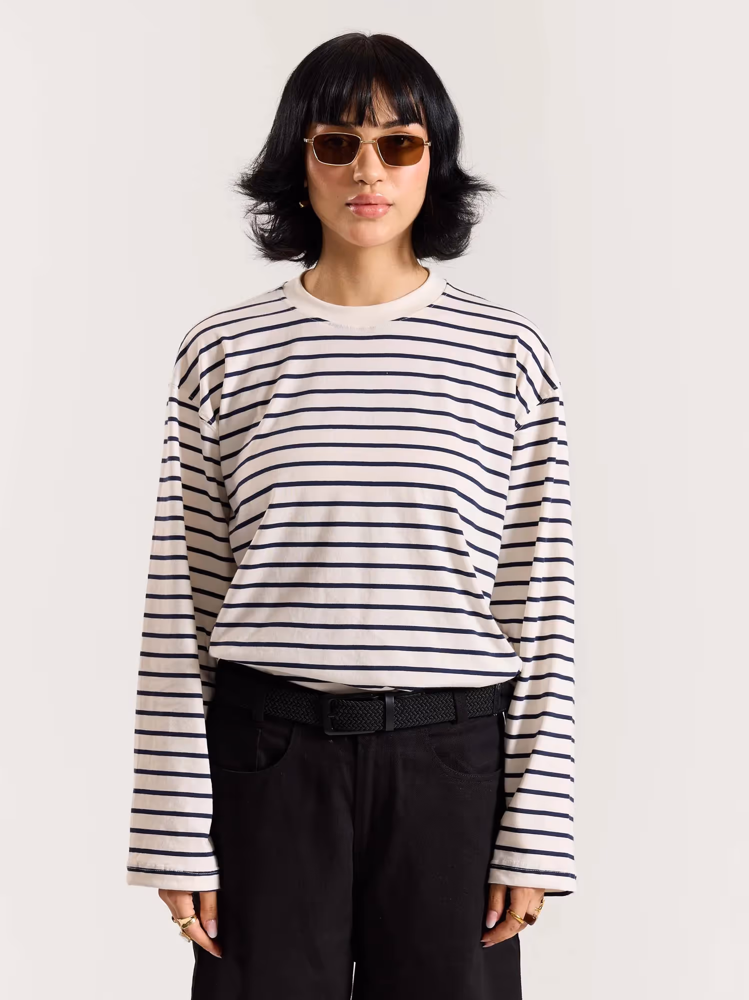 Navy Striped Loose Fit Cropped T-Shirt image 4