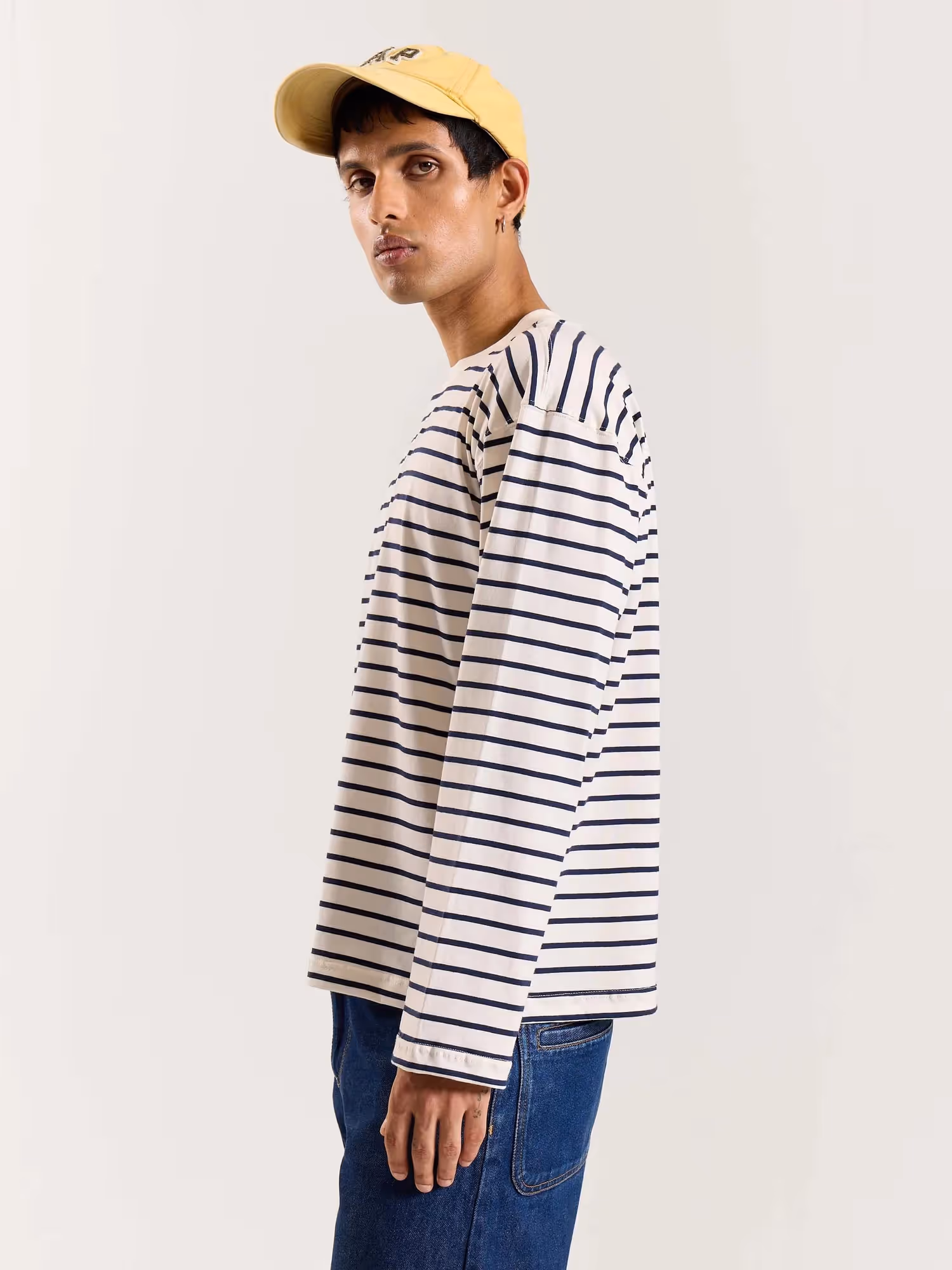 Navy Striped Loose Fit Cropped T-Shirt image 5