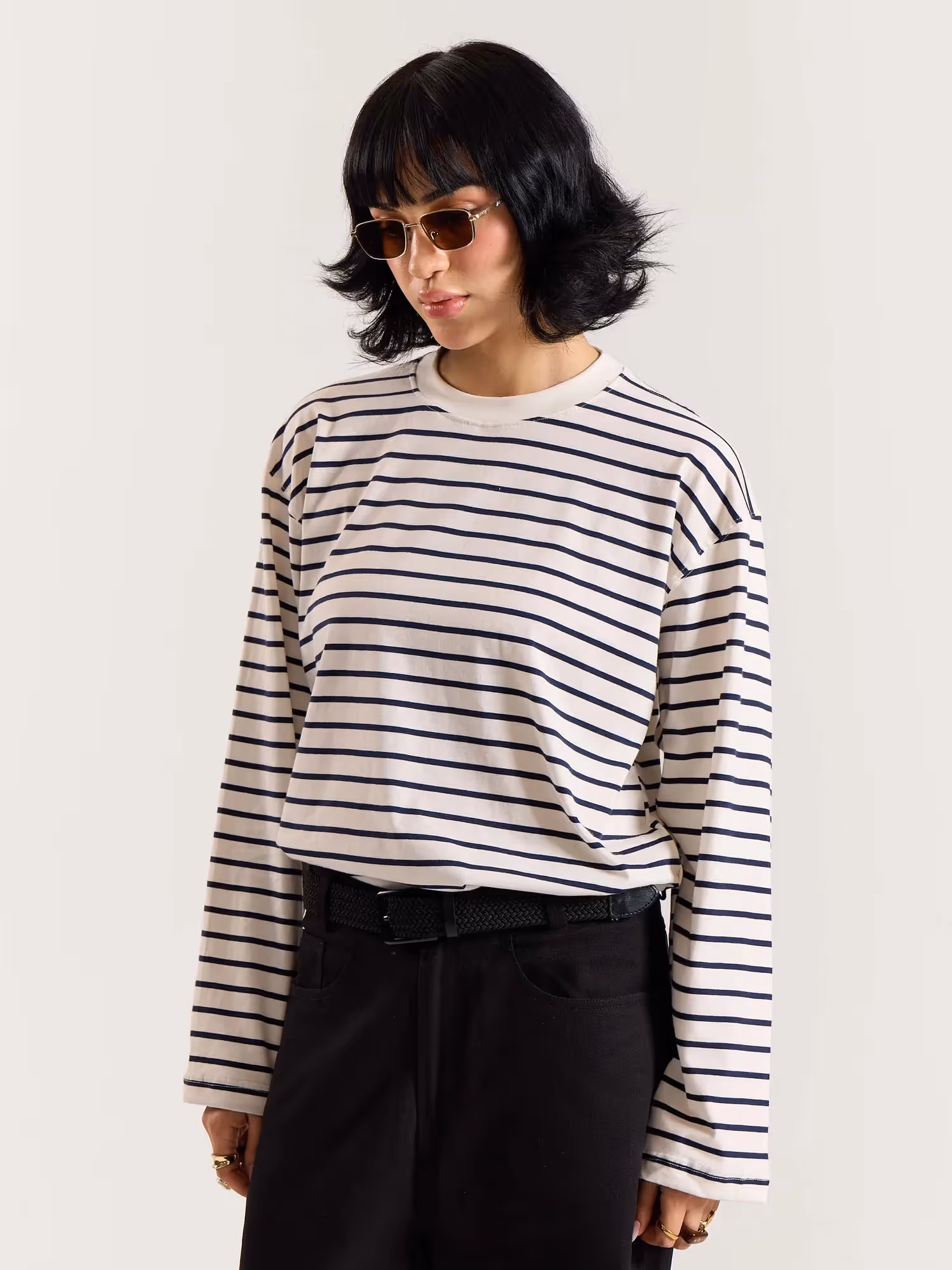 Navy Striped Loose Fit Cropped T-Shirt image 6