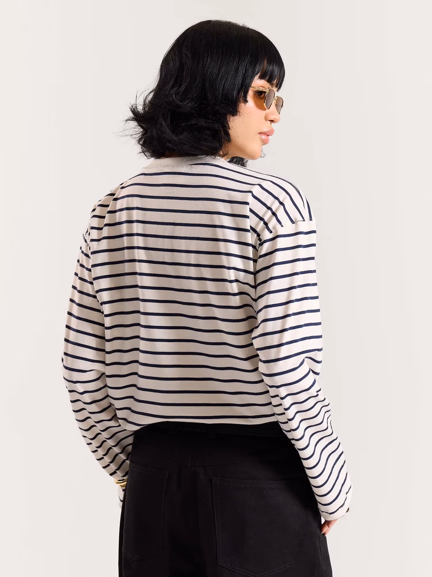 Navy Striped Loose Fit Cropped T-Shirt image 7