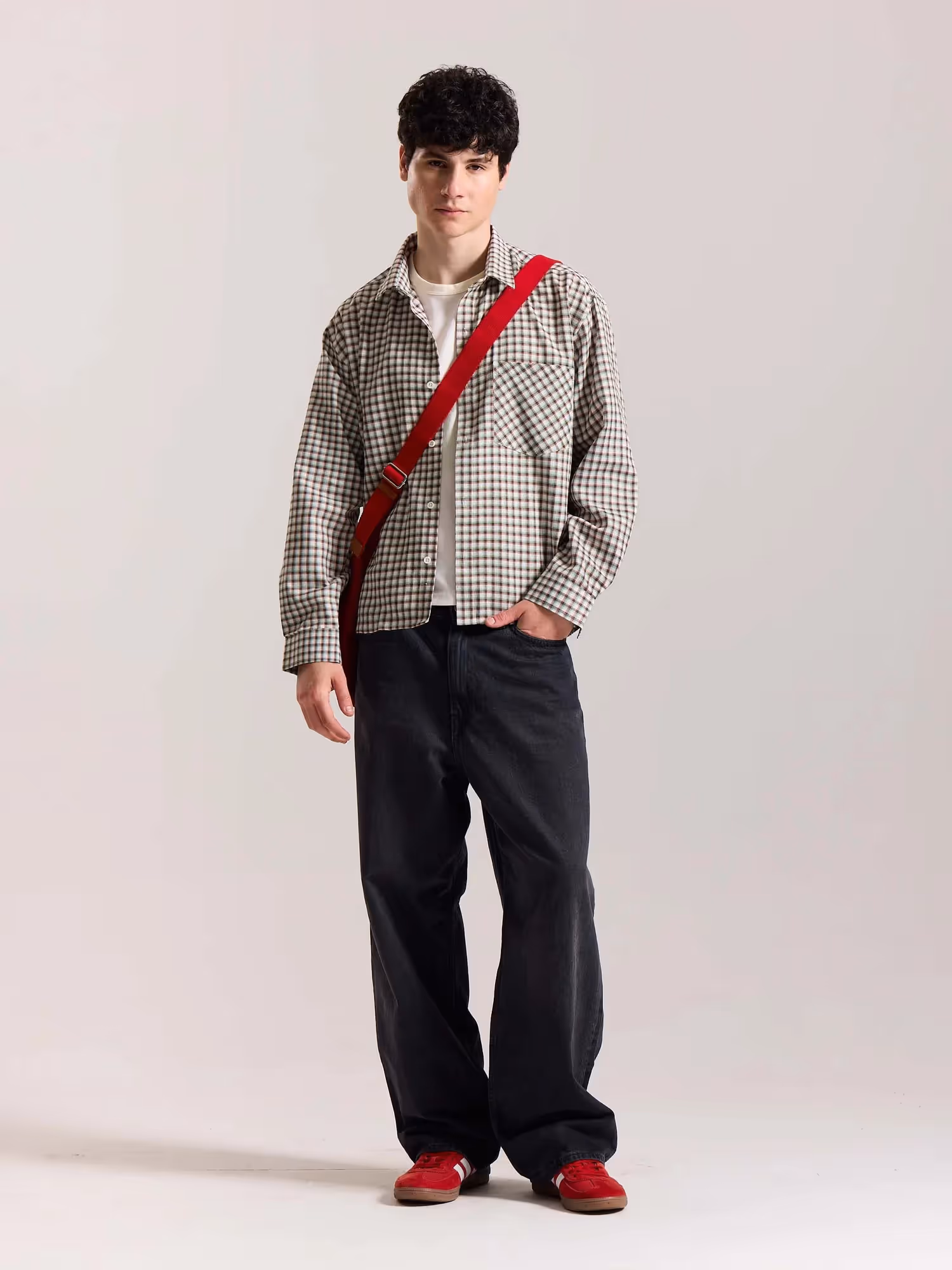 Off White Checkered Oversized Cropped Shirt image 1
