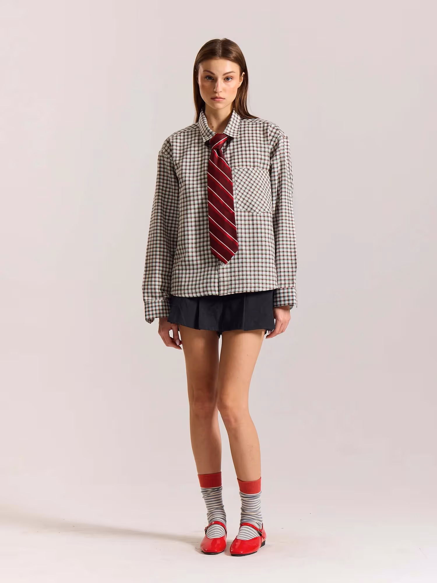 Off White Checkered Oversized Cropped Shirt  image 2