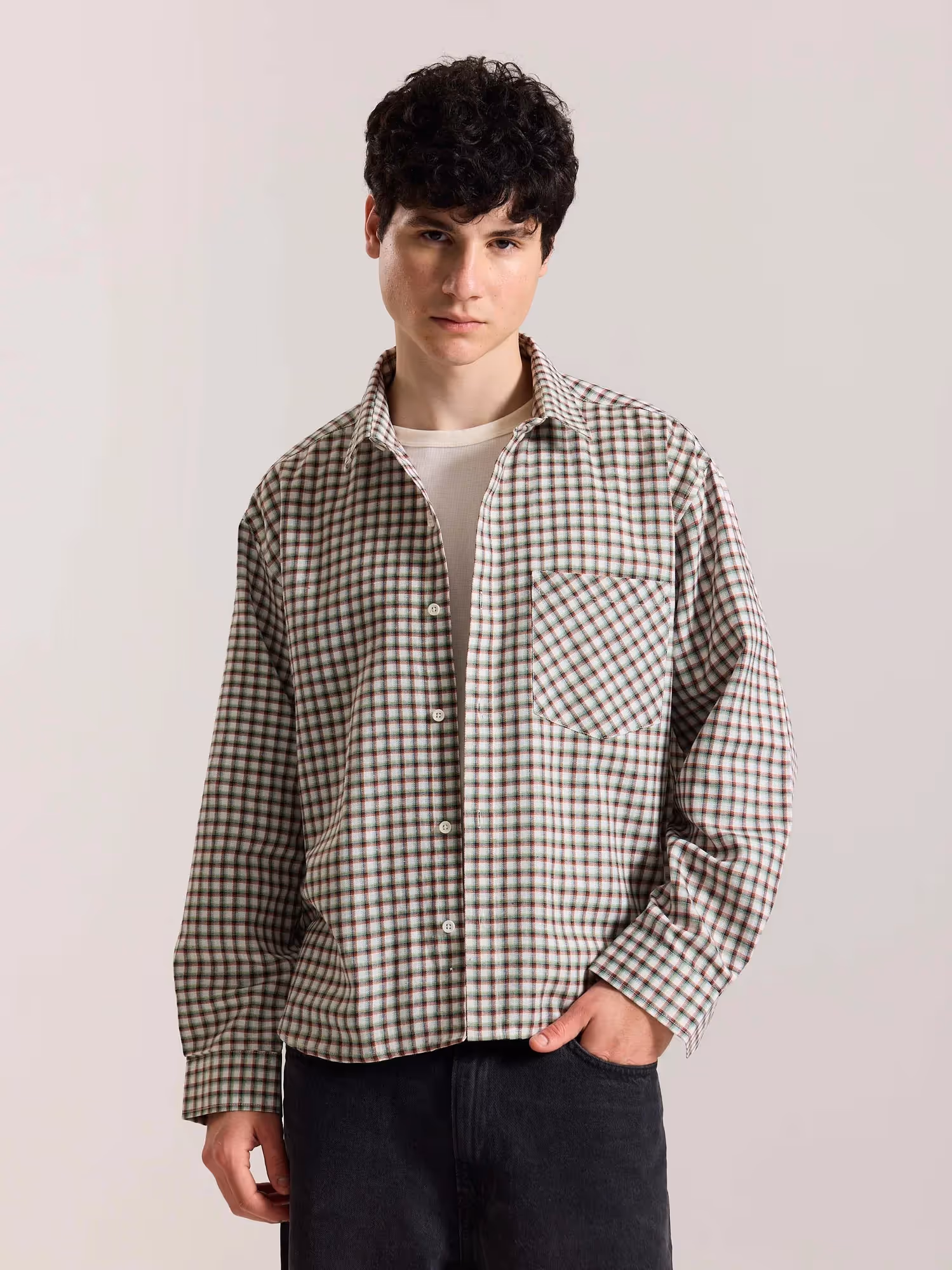 Off White Checkered Oversized Cropped Shirt  image 3