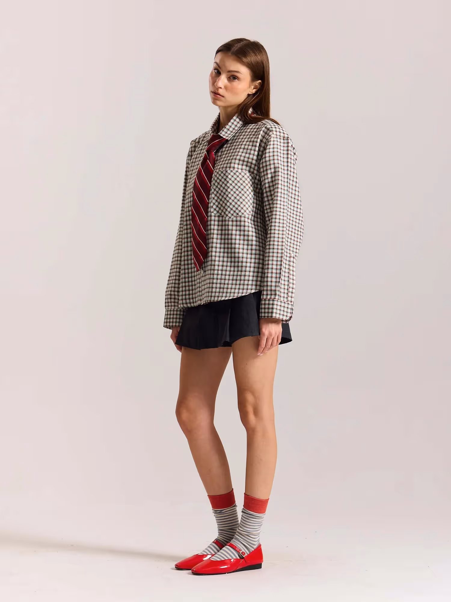 Off White Checkered Oversized Cropped Shirt  image 6