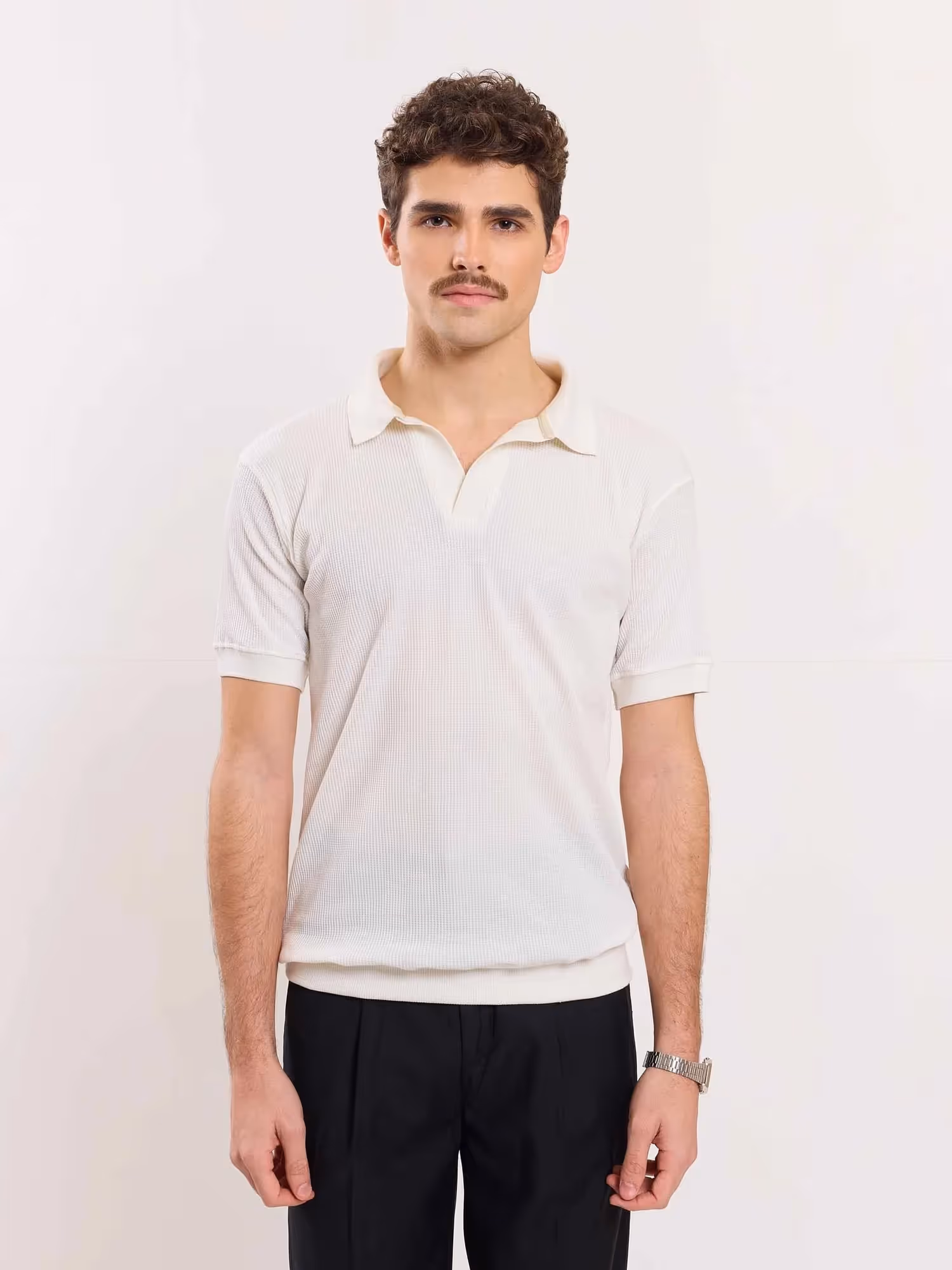 Off White Waffle Knit Polo T-shirt image 1