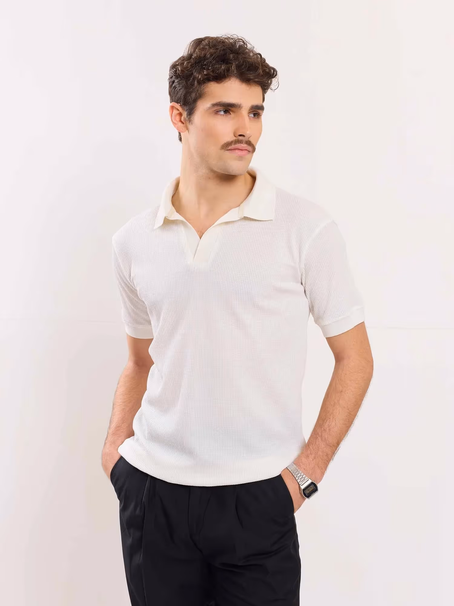 Off White Waffle Knit Polo T-shirt image 2