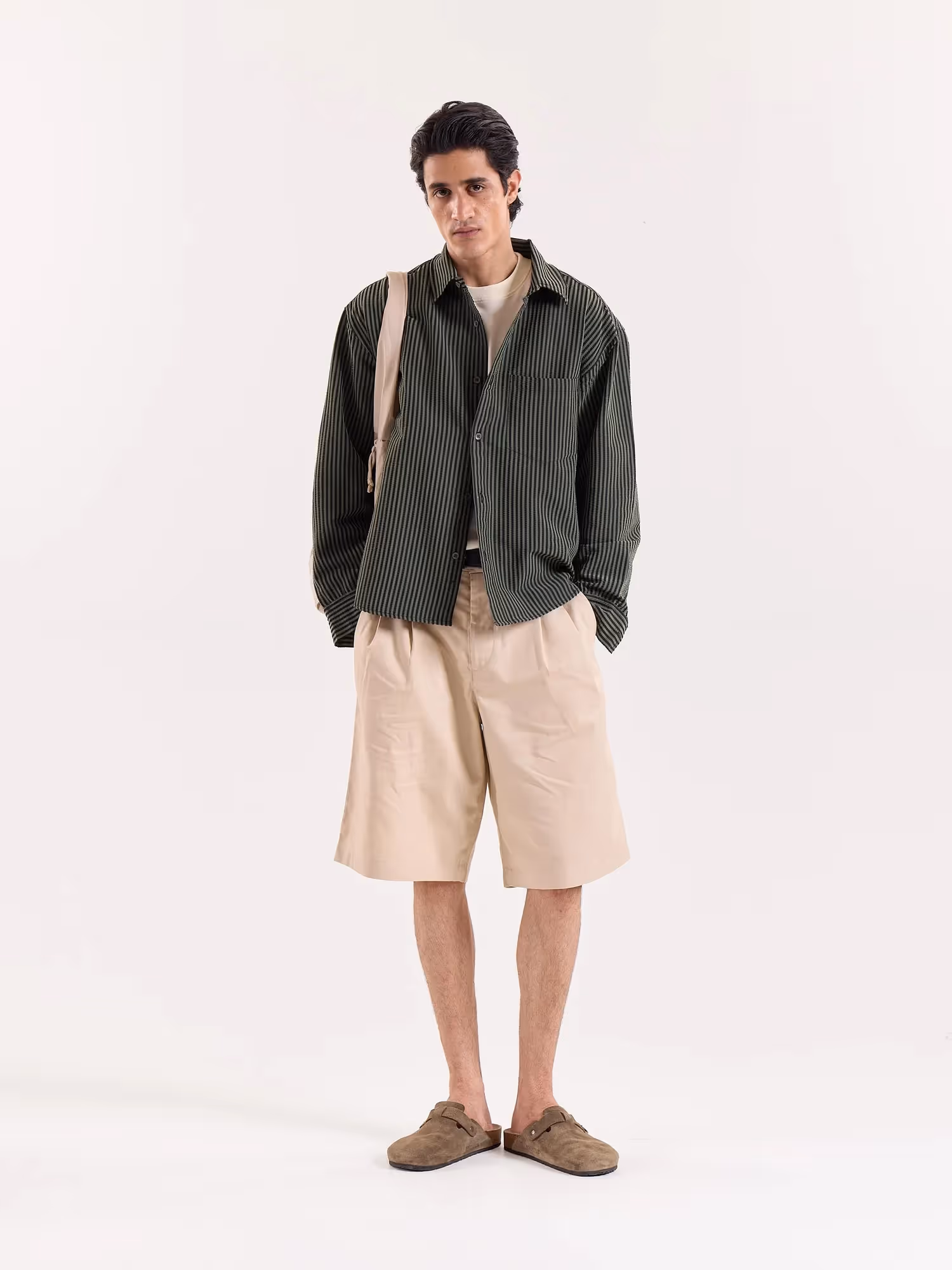 Olive and Black Striped Seersucker Cropped Shirt image 1
