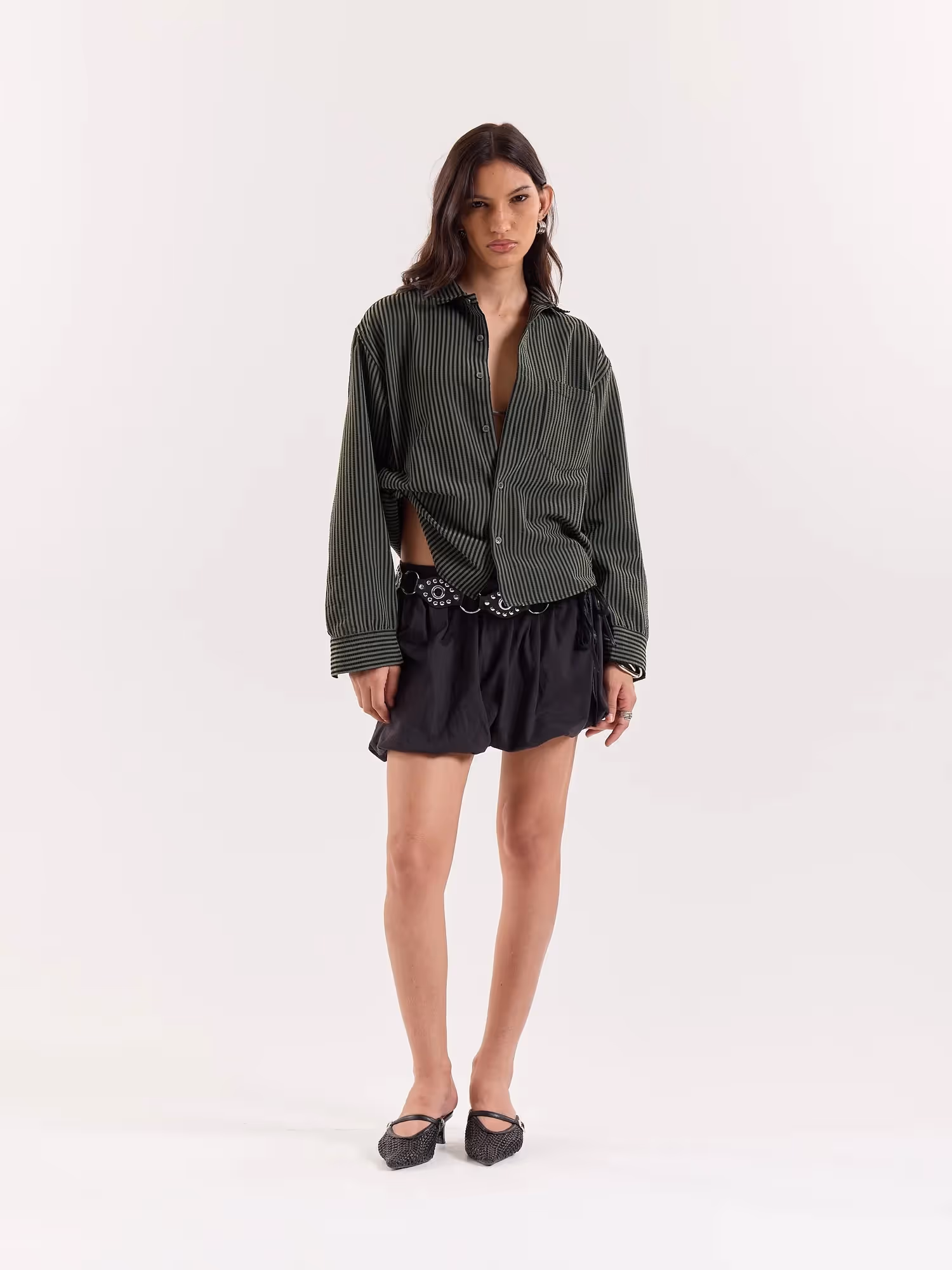 Olive and Black Striped Seersucker Cropped Shirt image 2