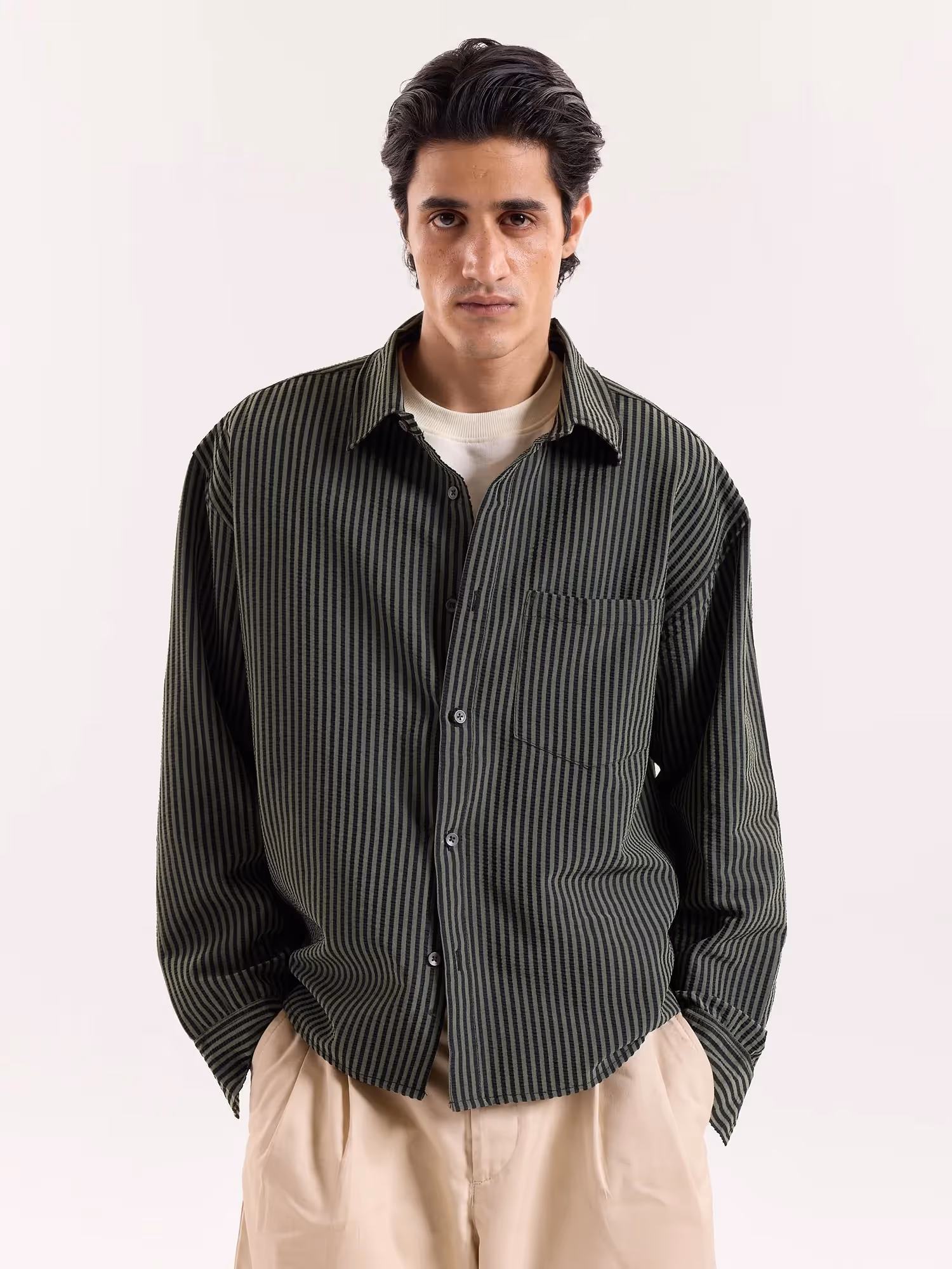 Olive and Black Striped Seersucker Cropped Shirt image 3