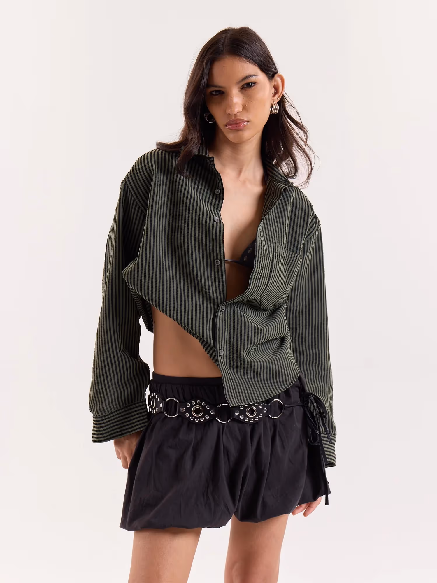 Olive and Black Striped Seersucker Cropped Shirt image 4