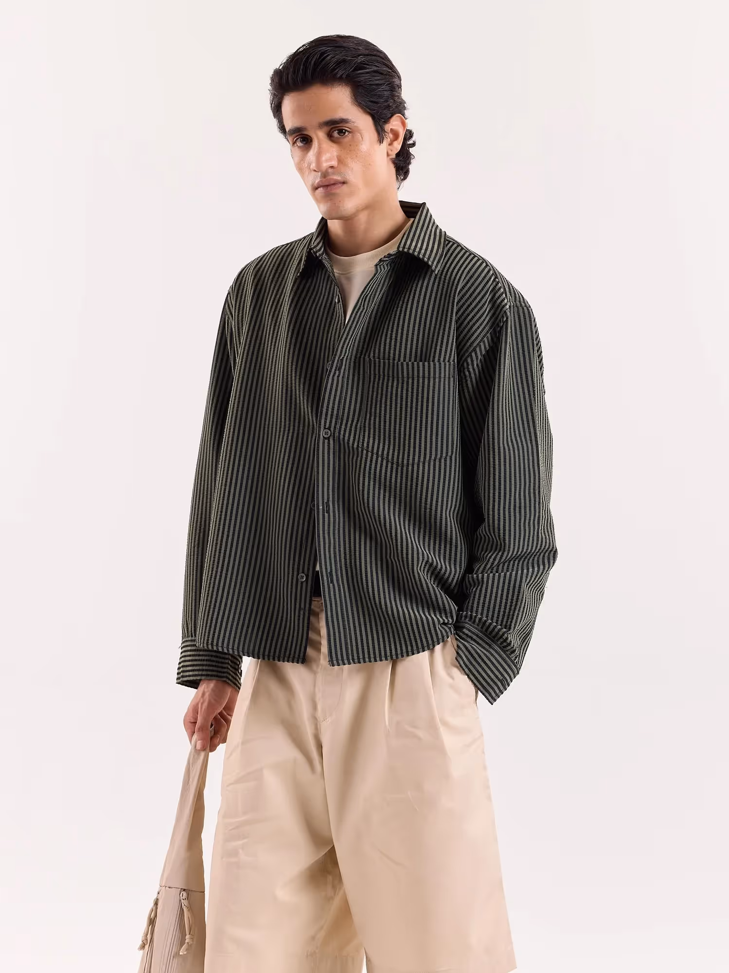 Olive and Black Striped Seersucker Cropped Shirt image 5