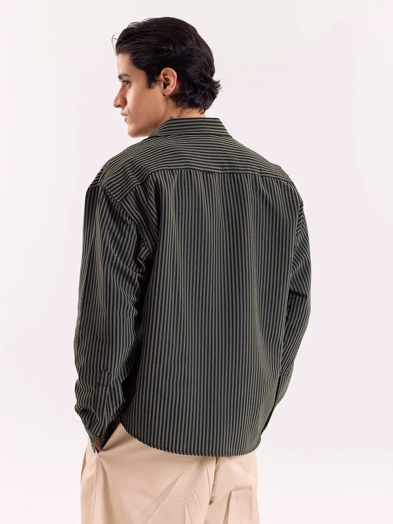 Olive and Black Striped Seersucker Cropped Shirt image 7