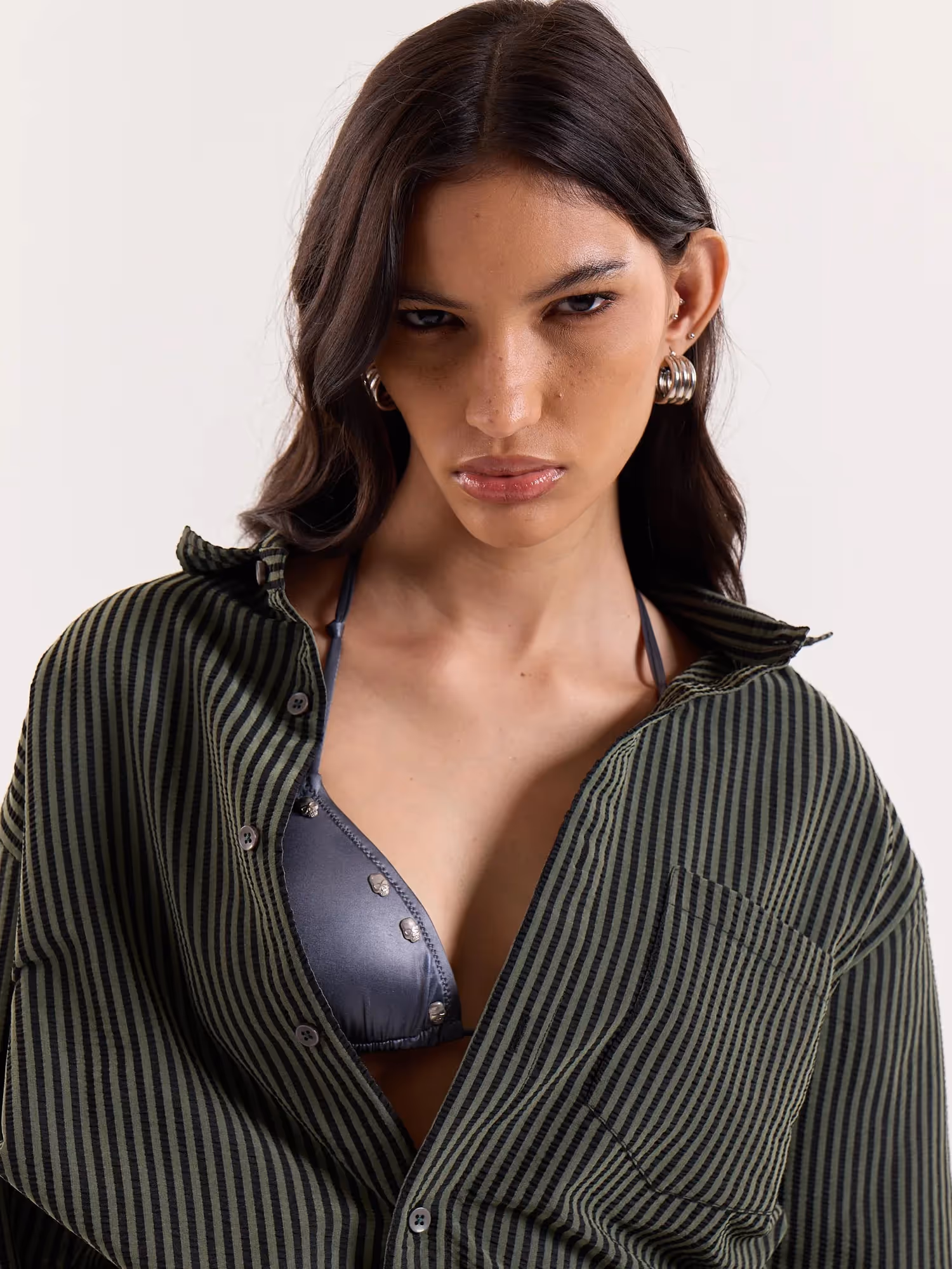 Olive and Black Striped Seersucker Cropped Shirt image 8