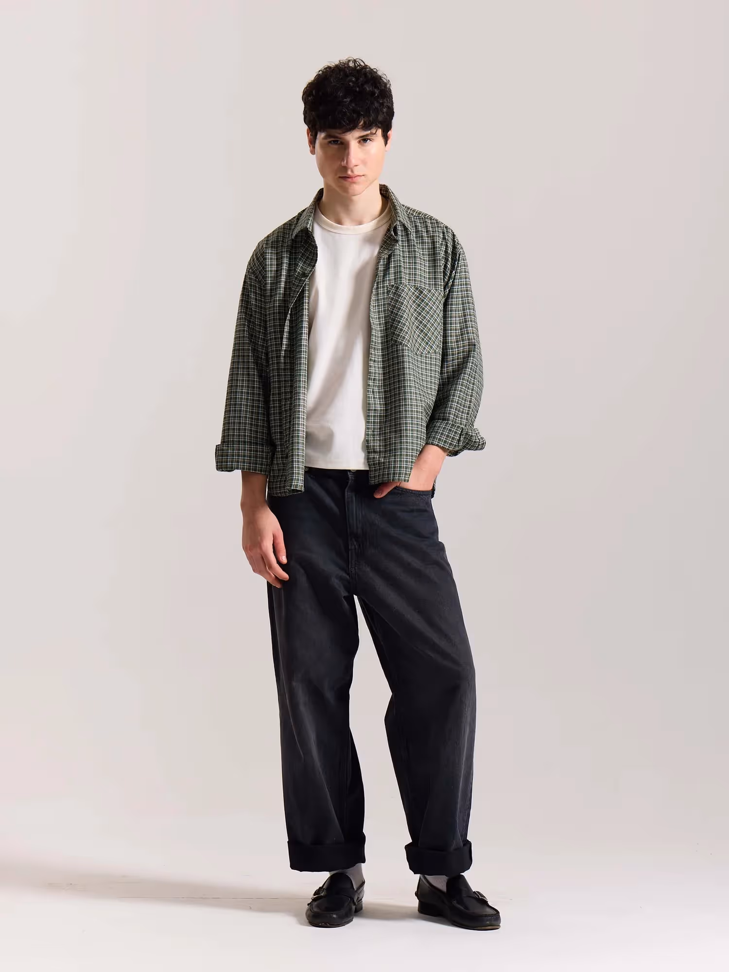 Olive Checkered Oversized Cropped Shirt image 1