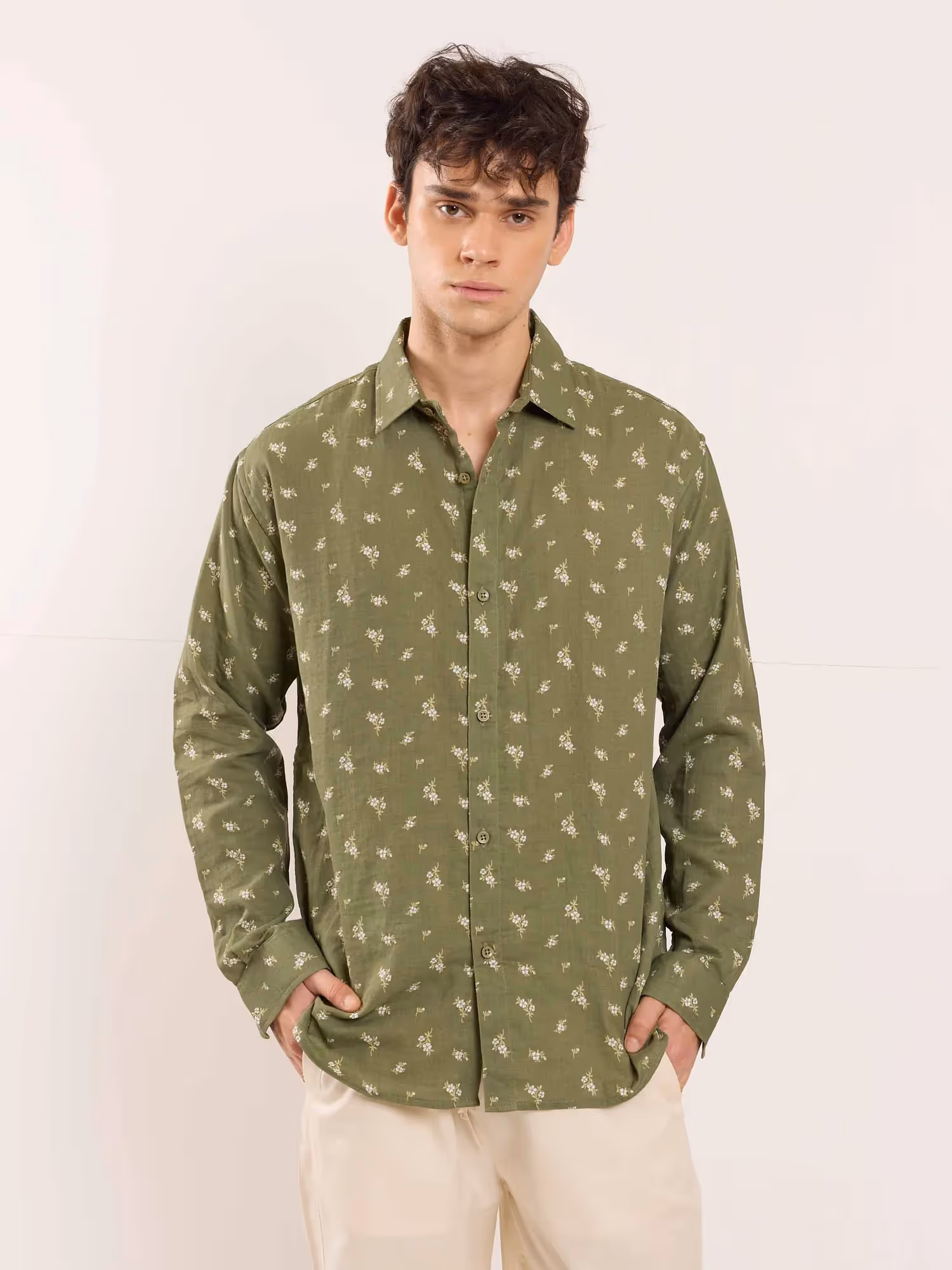 Olive Floral Printed Gauze Shirt  image 1