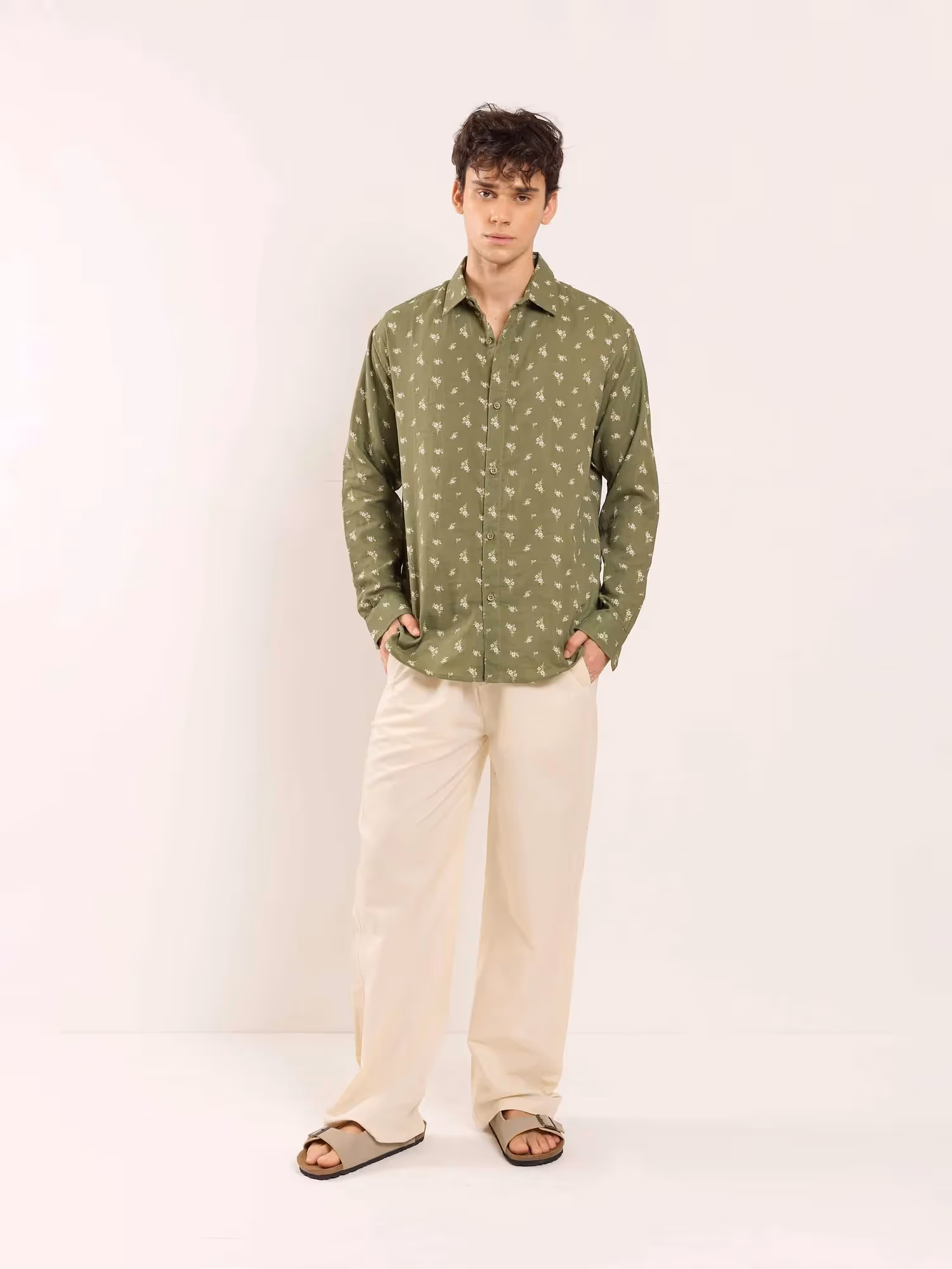 Olive Floral Printed Gauze Shirt  image 2