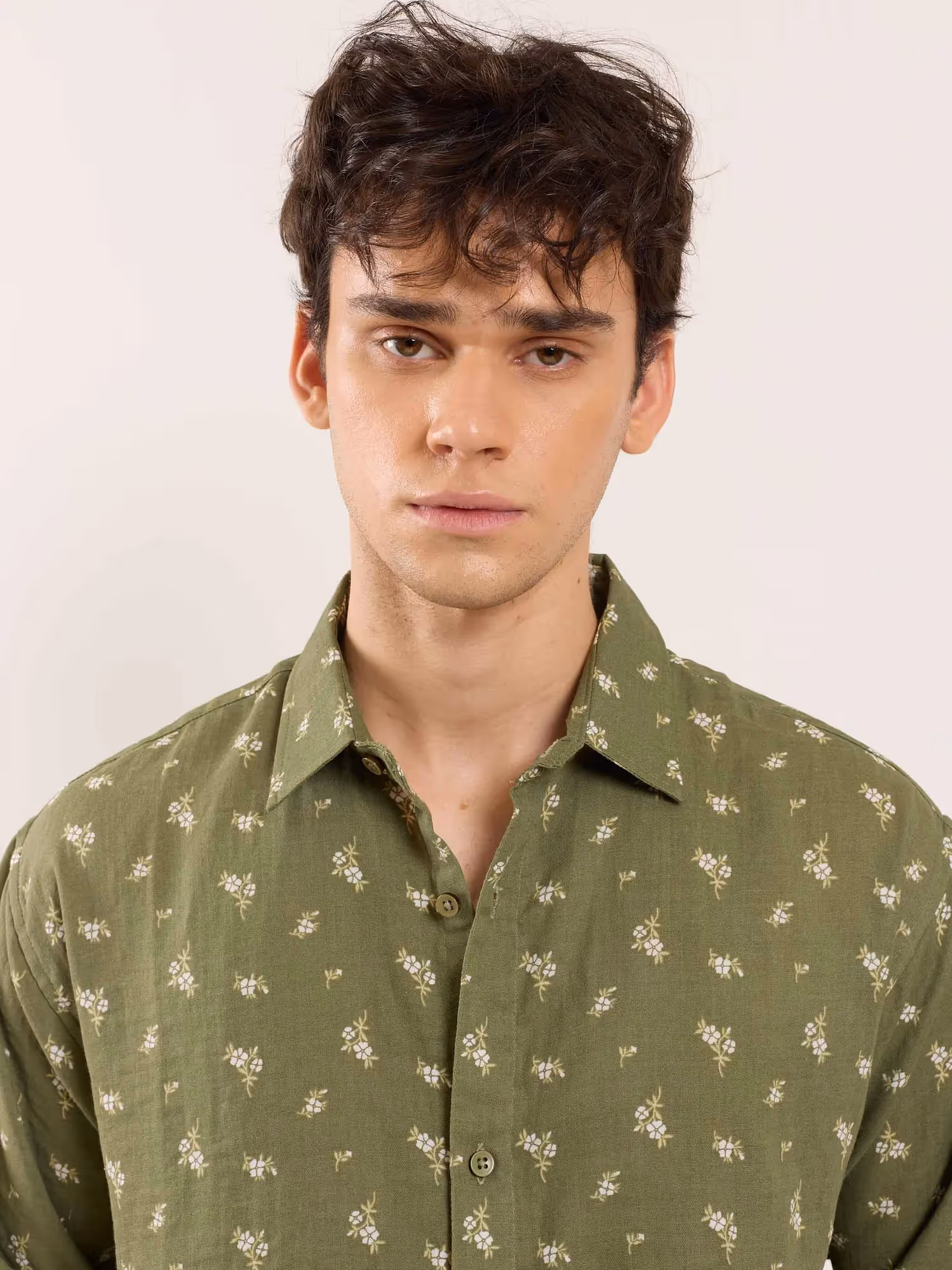 Olive Floral Printed Gauze Shirt  image 3
