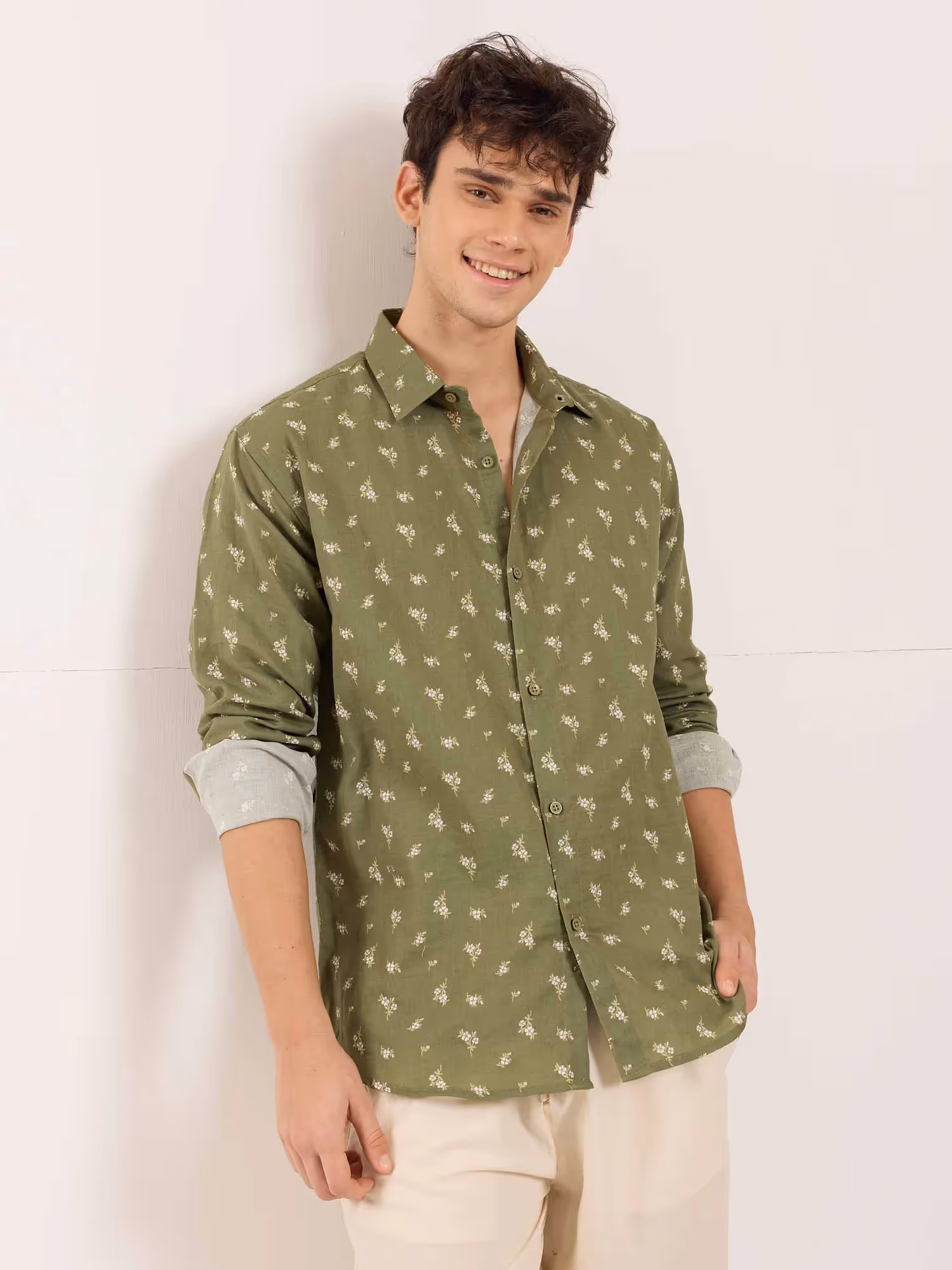 Olive Floral Printed Gauze Shirt  image 4