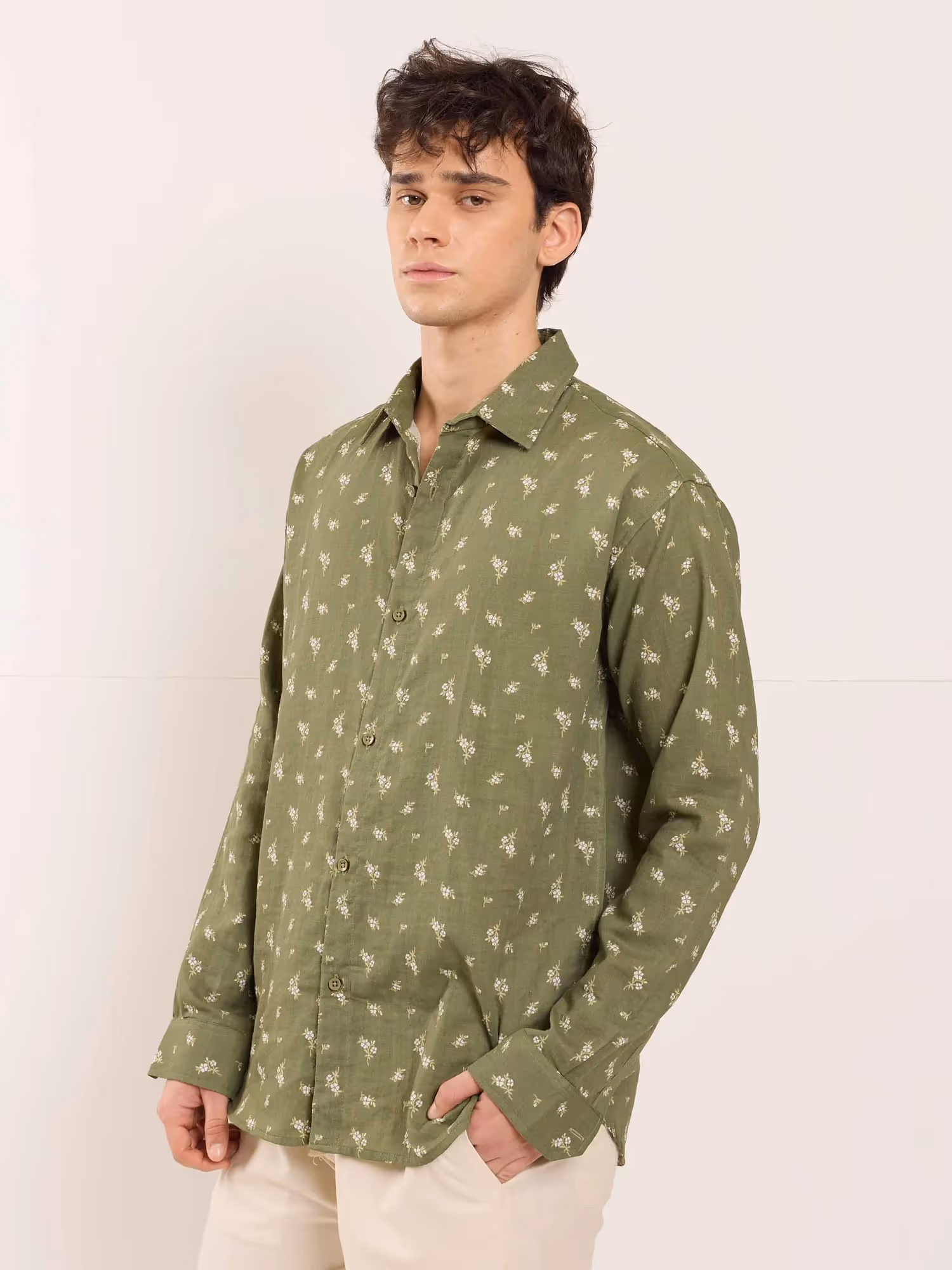 Olive Floral Printed Gauze Shirt  image 5