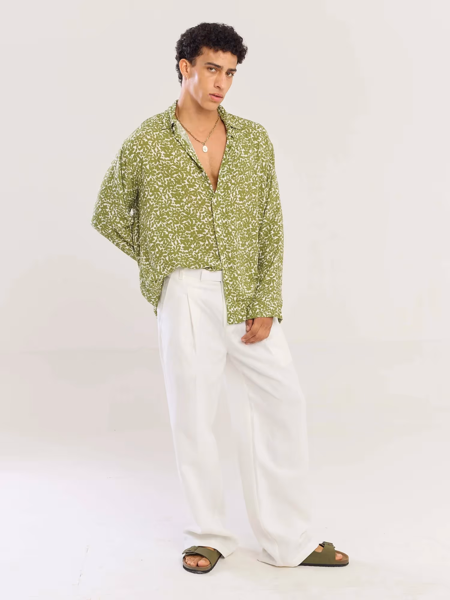 Olive Floral Wrinkled Shirt image 1