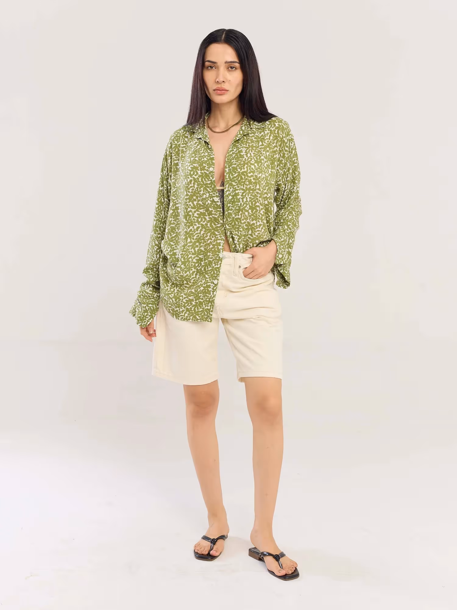 Olive Floral Wrinkled Shirt image 2