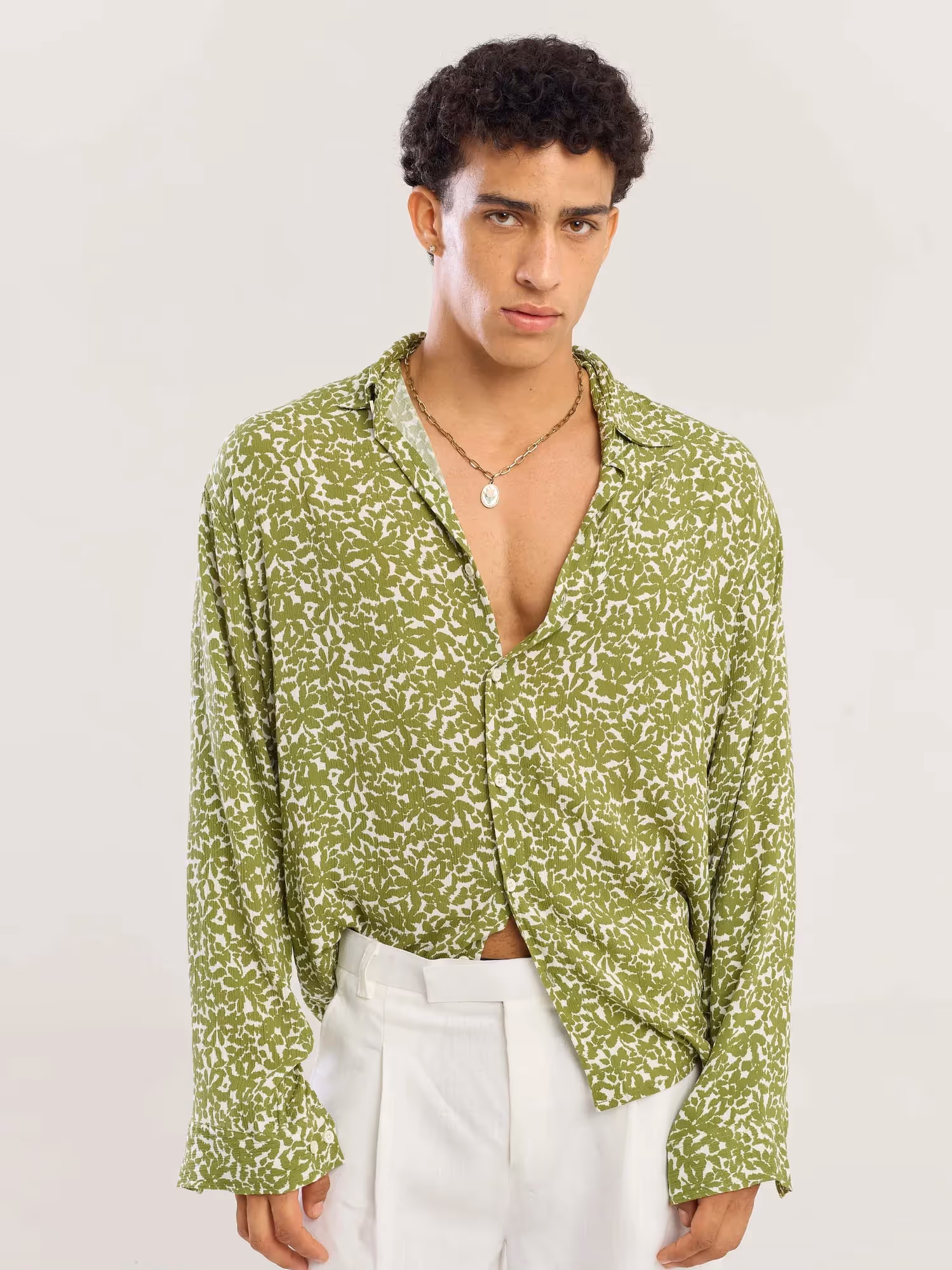Olive Floral Wrinkled Shirt image 3