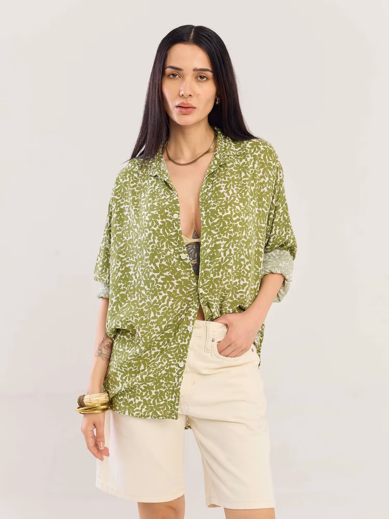 Olive Floral Wrinkled Shirt image 4