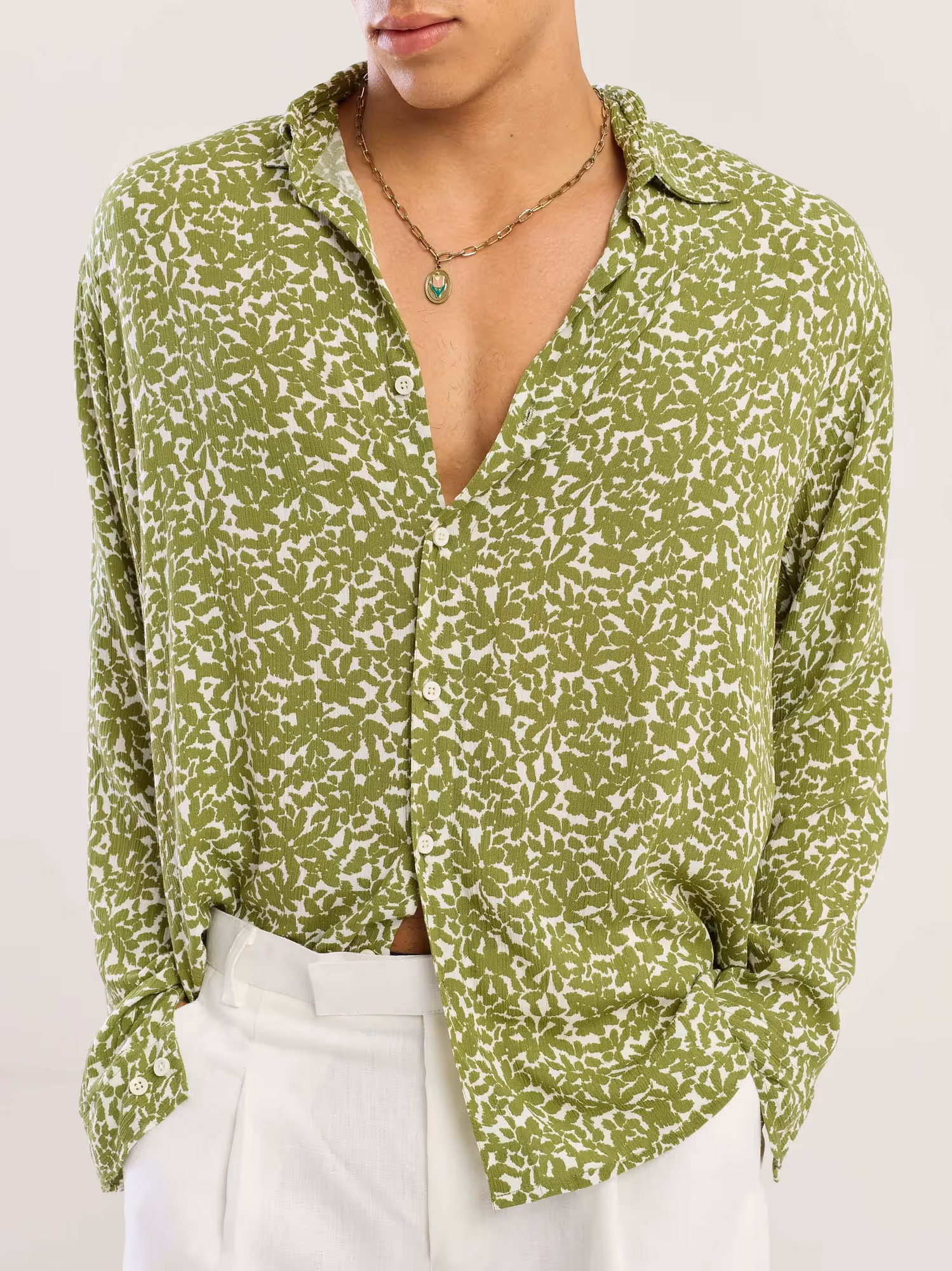 Olive Floral Wrinkled Shirt image 5