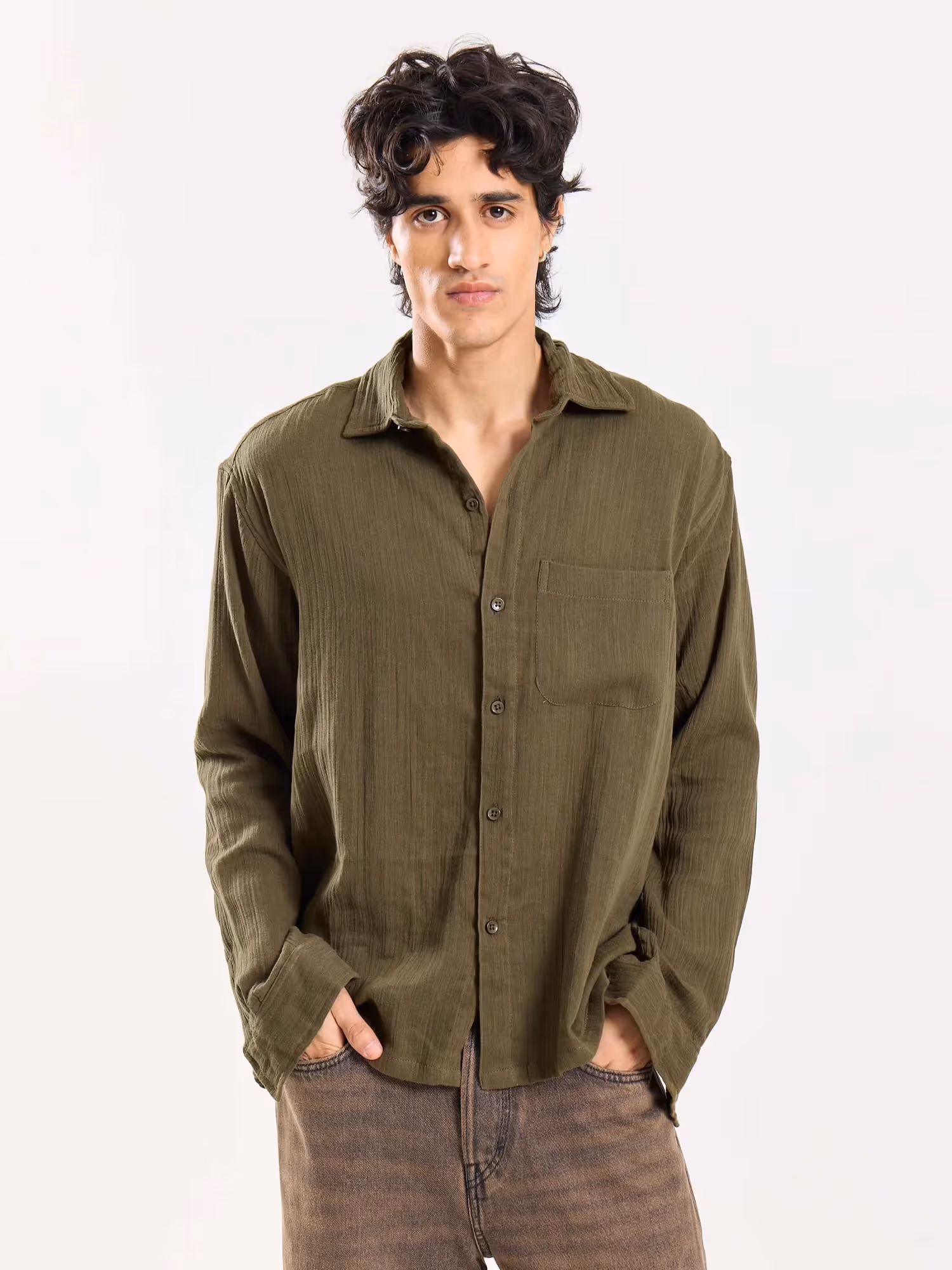Olive Green Gauze Holiday Shirt image 2