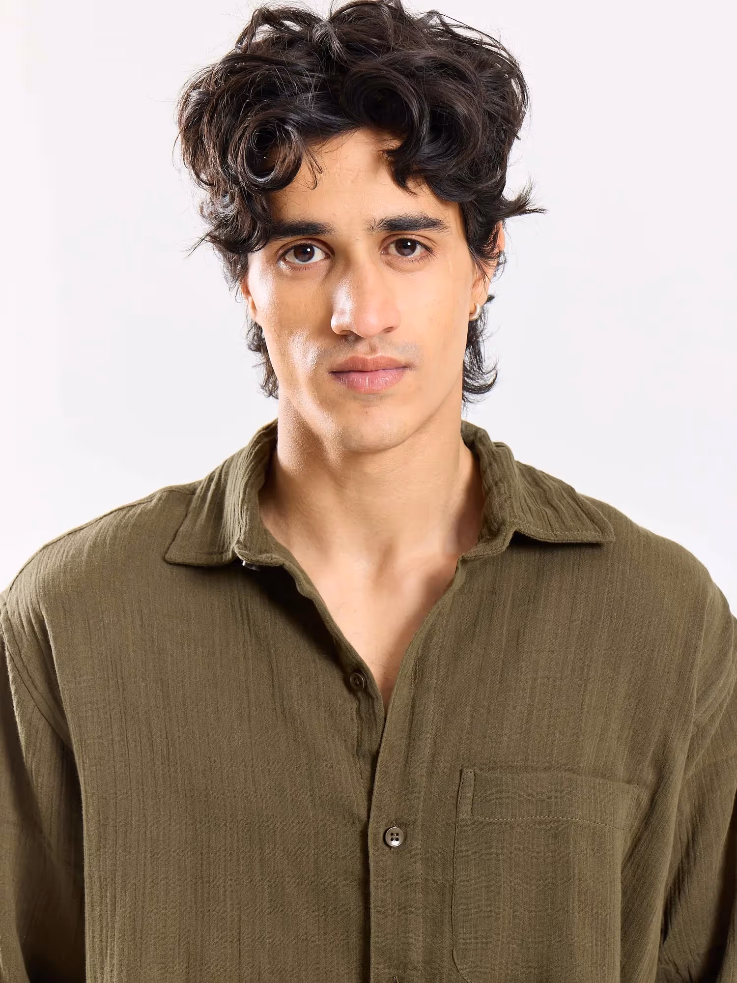 Olive Green Gauze Holiday Shirt image 3