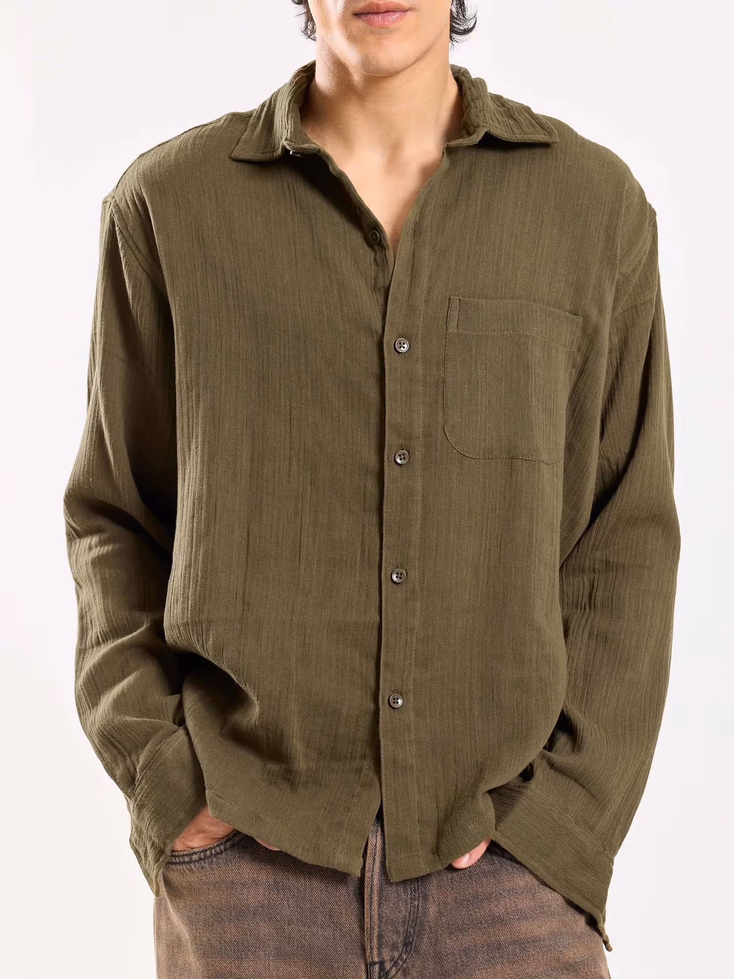 Olive Green Gauze Holiday Shirt image 6