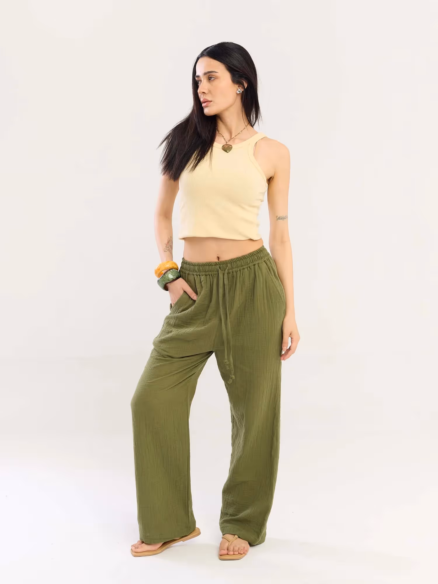 Olive Green Gauze Pull-on Pants image 2