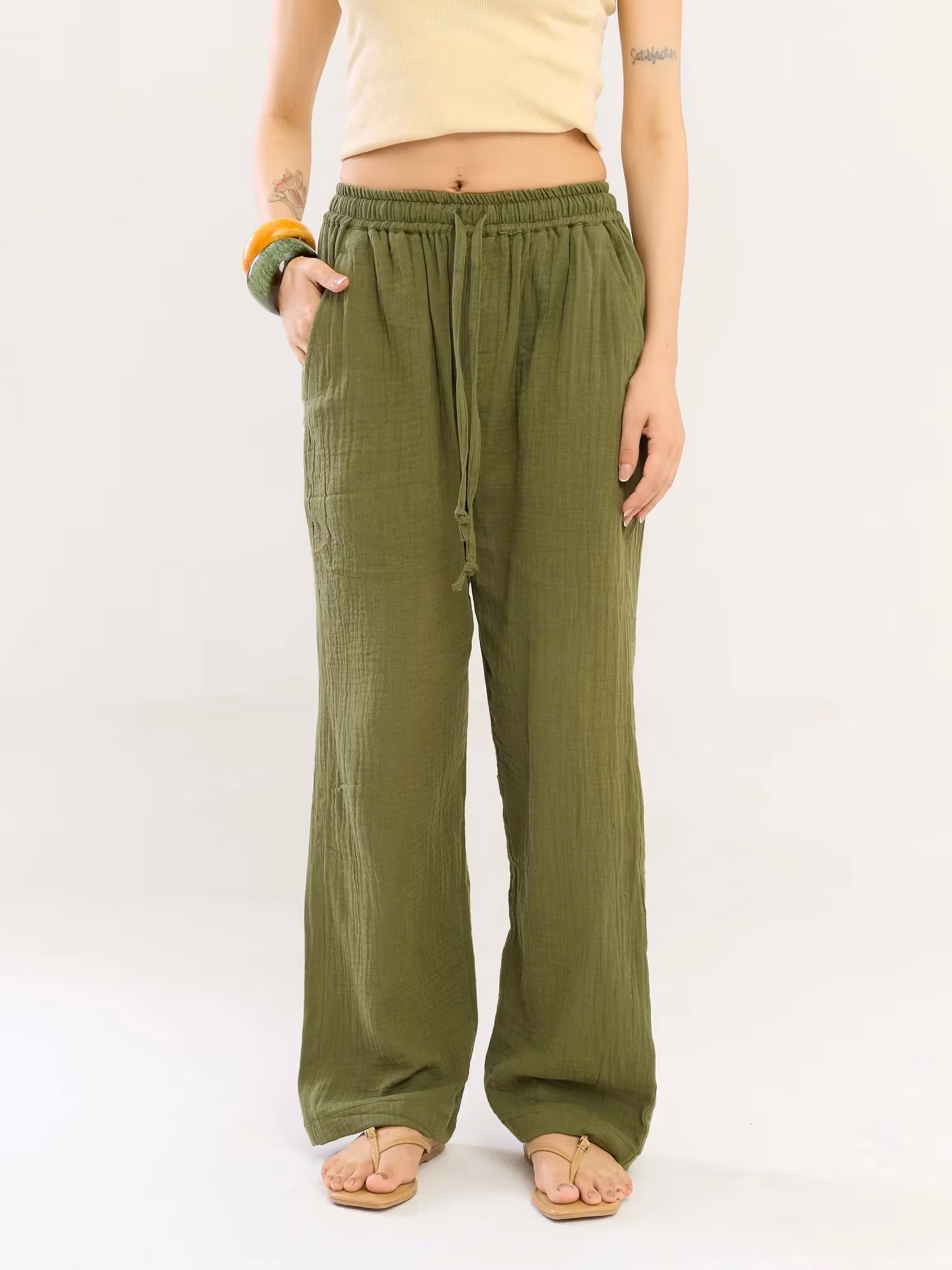 Olive Green Gauze Pull-on Pants image 4