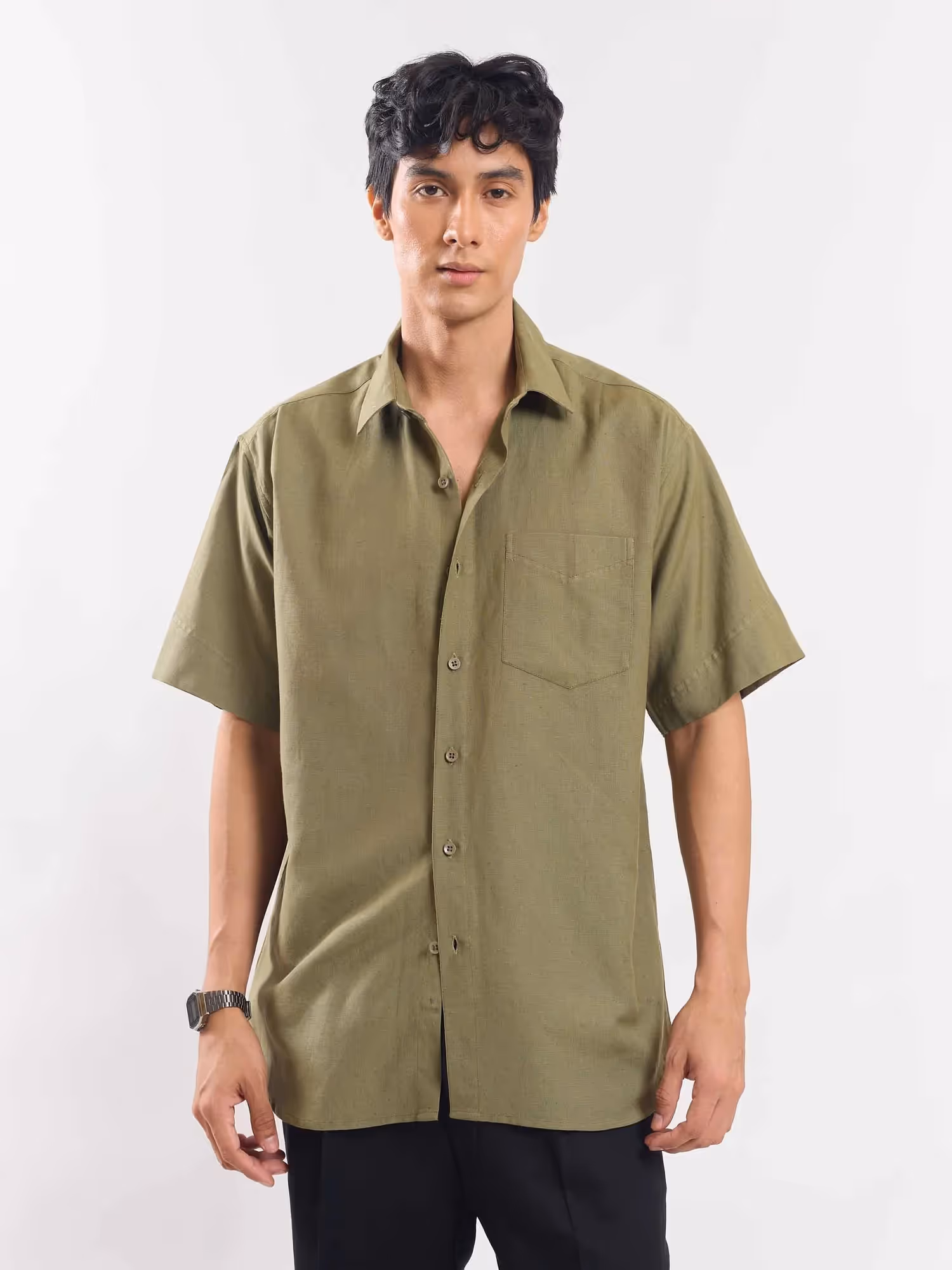 Olive Green Half Sleeve Linen Shirt image 1