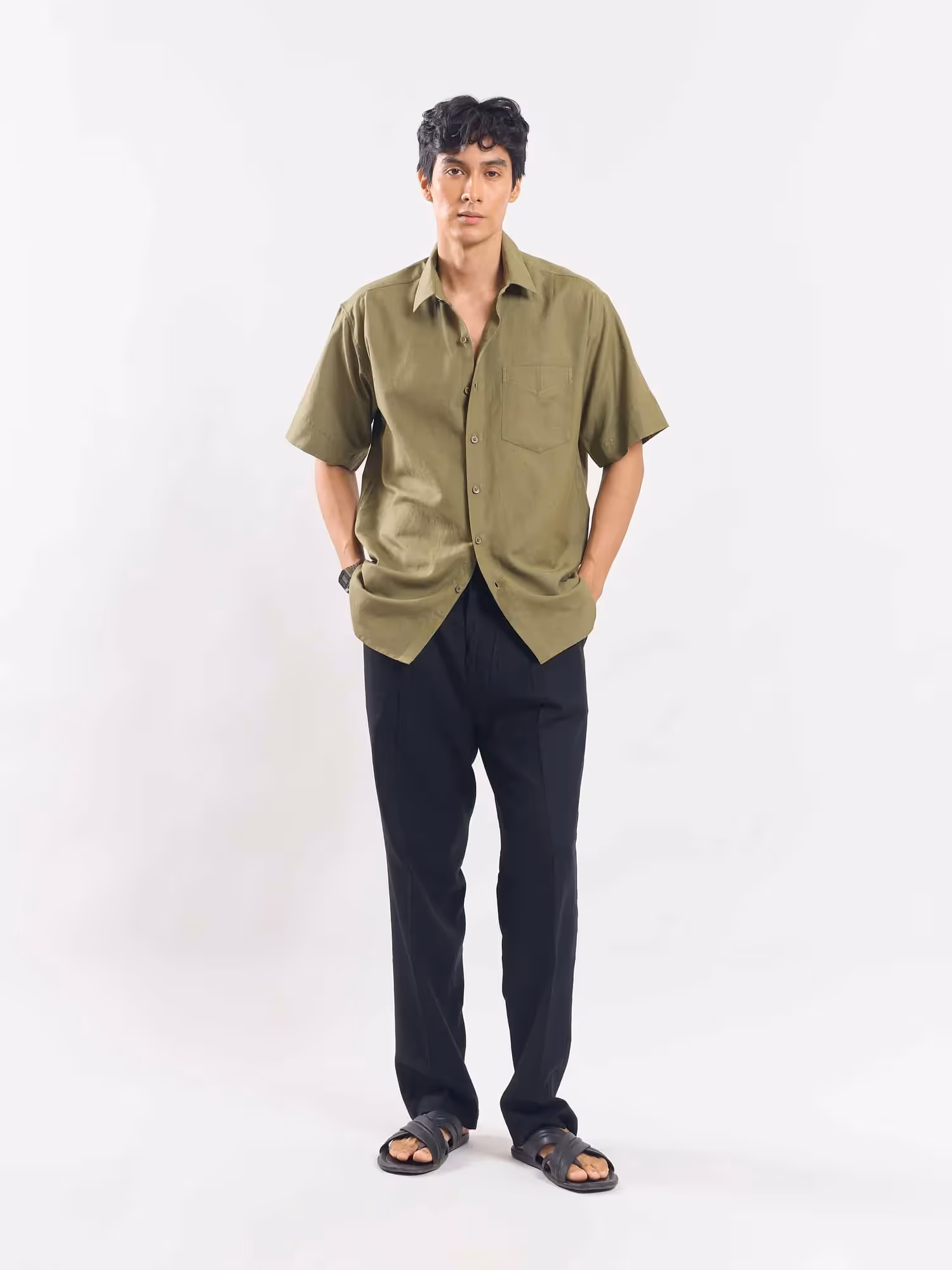 Olive Green Half Sleeve Linen Shirt image 2