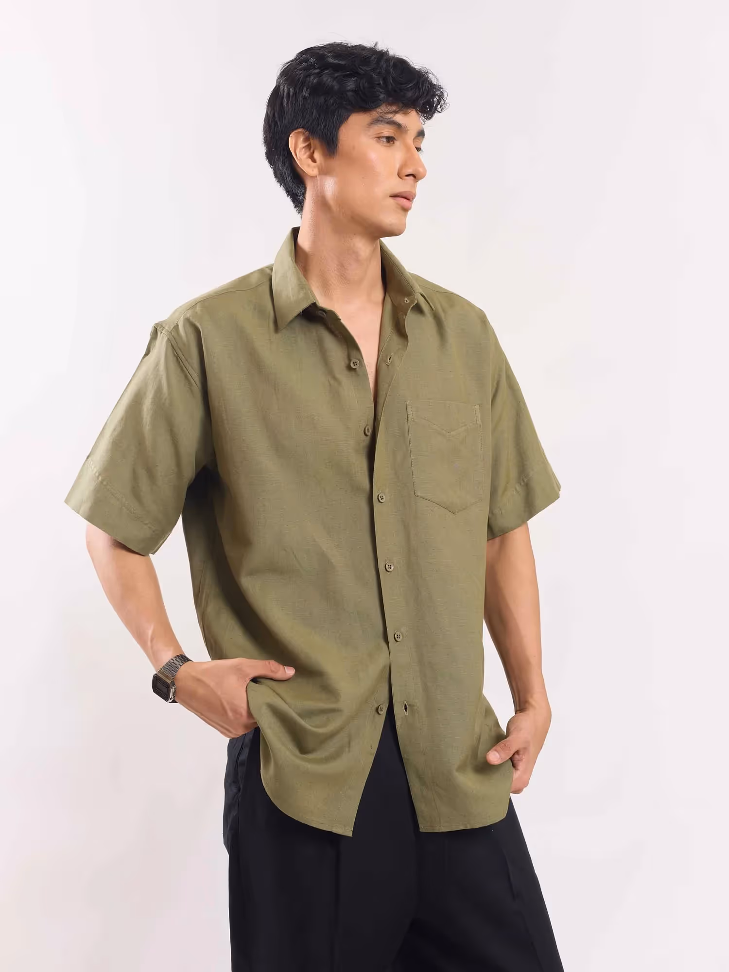 Olive Green Half Sleeve Linen Shirt image 3